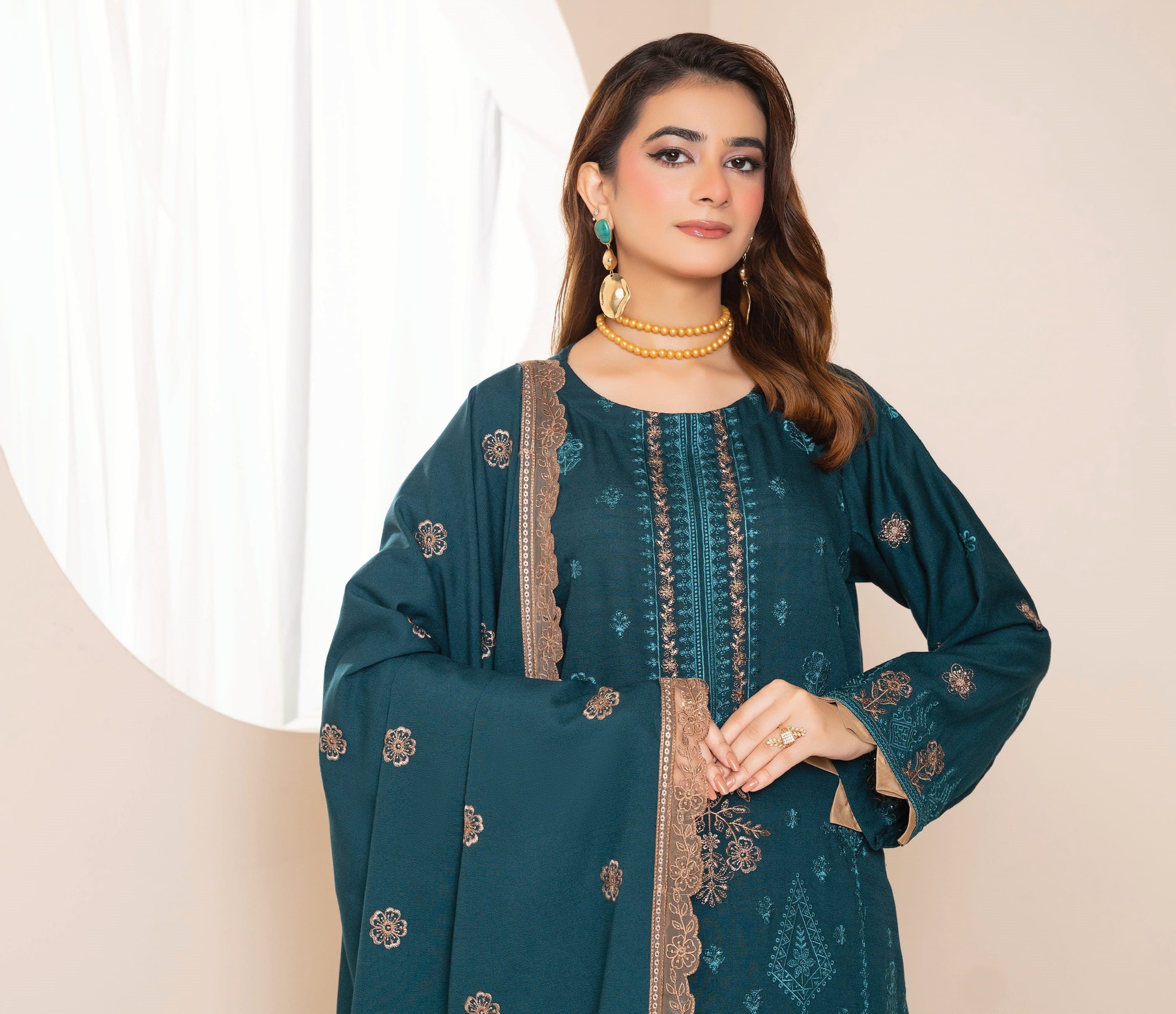 AANGAN-3 Piece Embroidered Self Slub Peach (Unstitched)