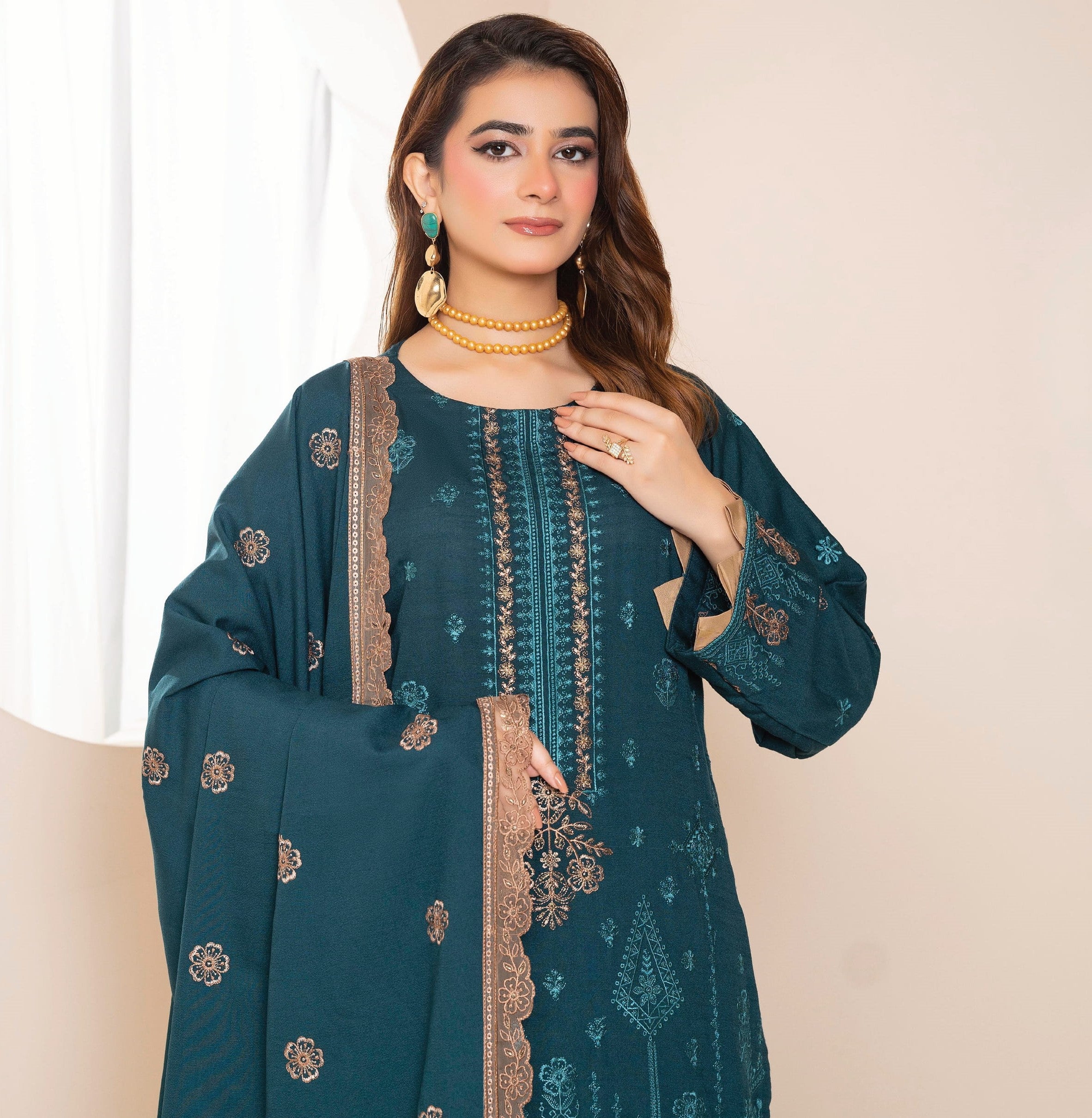 AANGAN-3 Piece Embroidered Self Slub Peach (Unstitched)