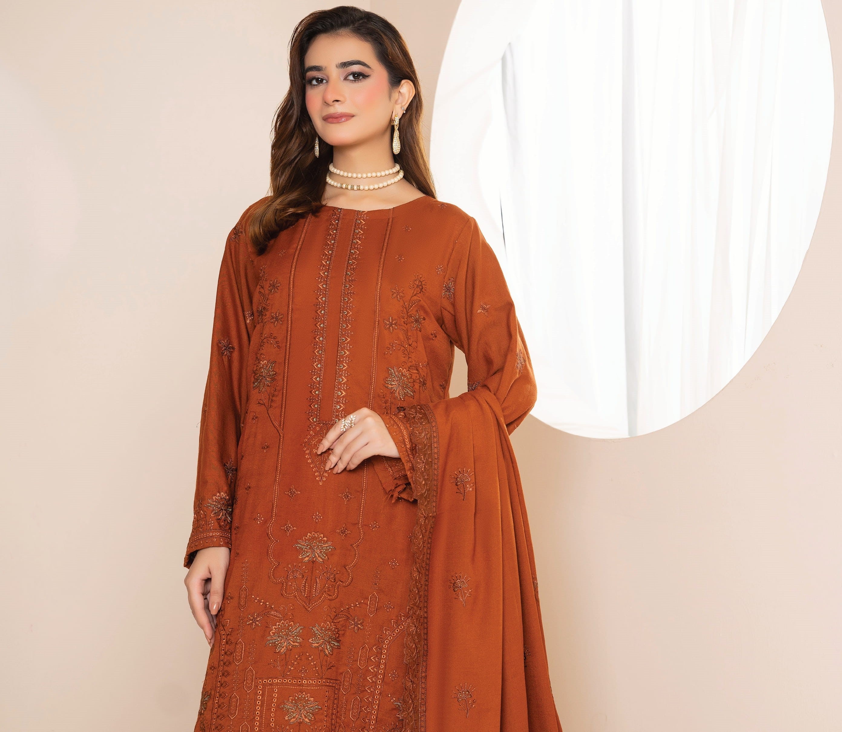AANGAN-3 Piece Embroidered Self Slub Peach (Unstitched)