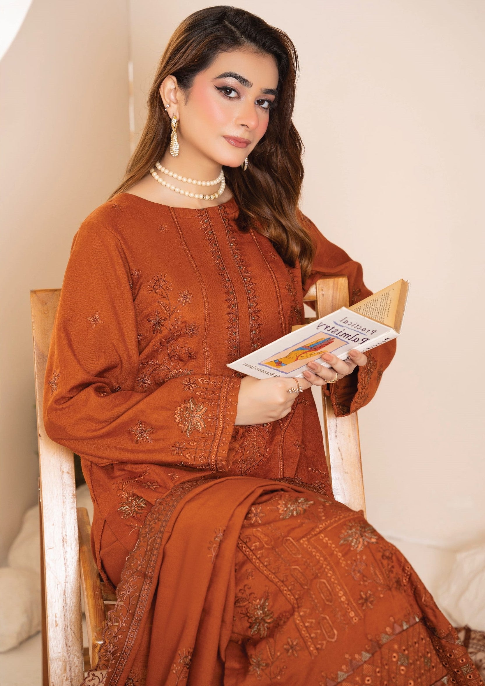 AANGAN-3 Piece Embroidered Self Slub Peach (Unstitched)