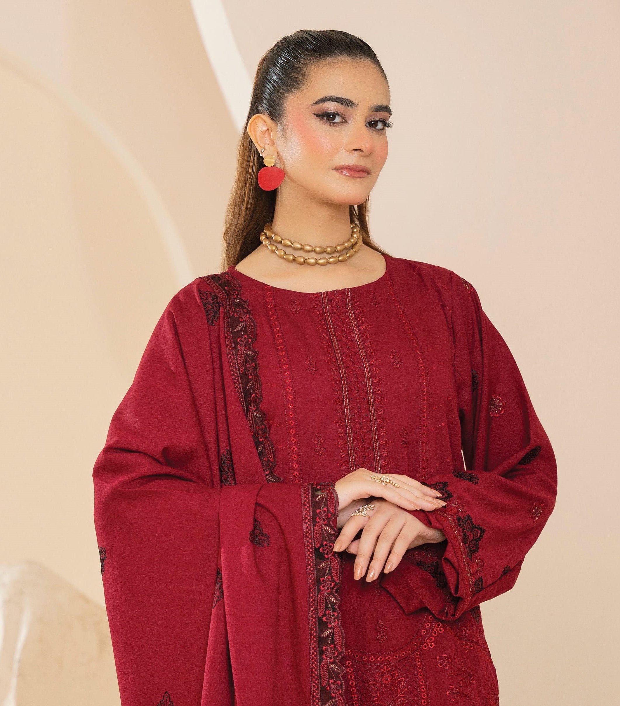 AANGAN-3 Piece Embroidered Self Slub Peach (Unstitched)