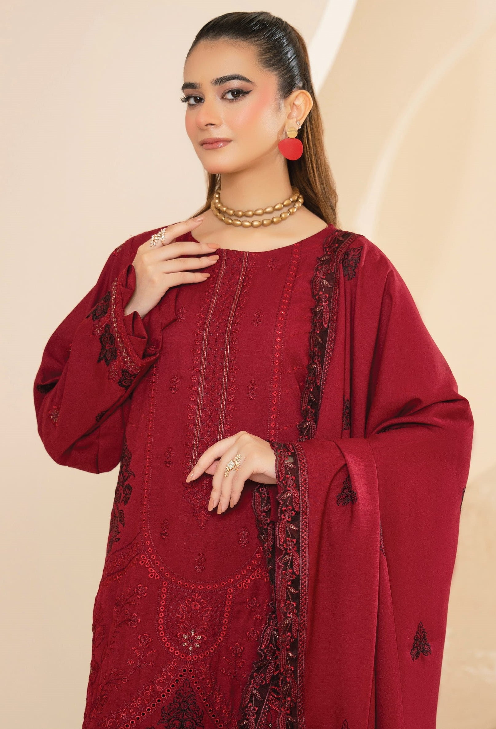 AANGAN-3 Piece Embroidered Self Slub Peach (Unstitched)