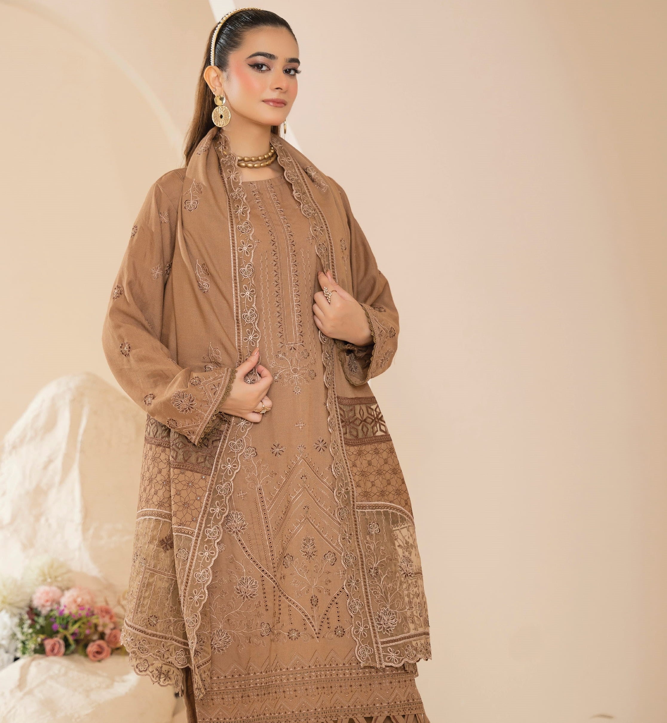 AANGAN-3 Piece Embroidered Self Slub Peach (Unstitched)