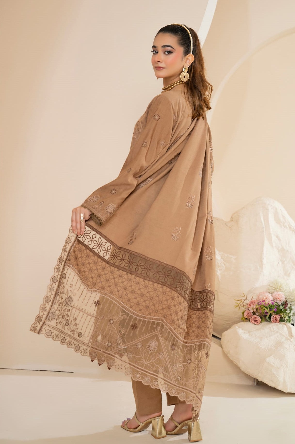 AANGAN-3 Piece Embroidered Self Slub Peach (Unstitched)