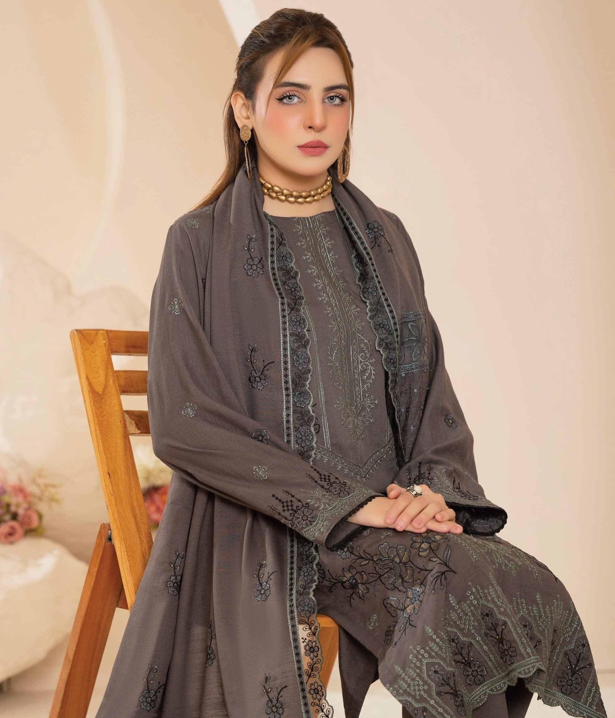 AANGAN-3 Piece Embroidered Self Slub Peach (Unstitched)