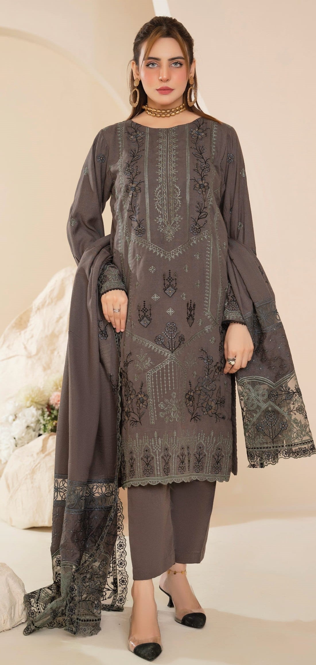 AANGAN-3 Piece Embroidered Self Slub Peach (Unstitched)