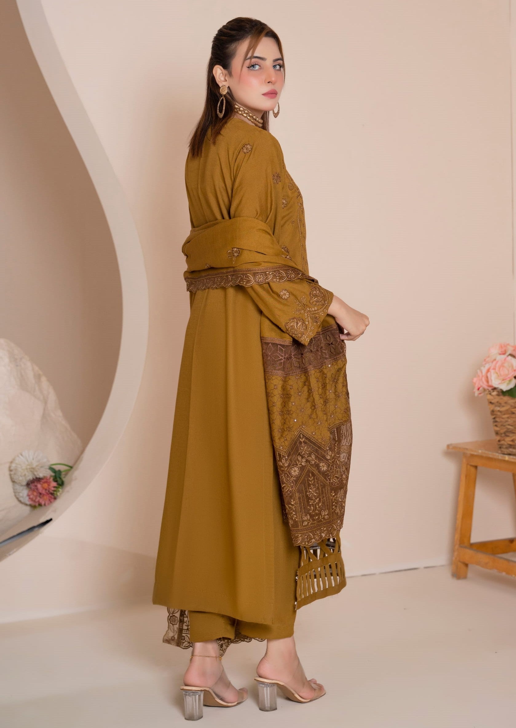 AANGAN-3 Piece Embroidered Self Slub Peach (Unstitched)
