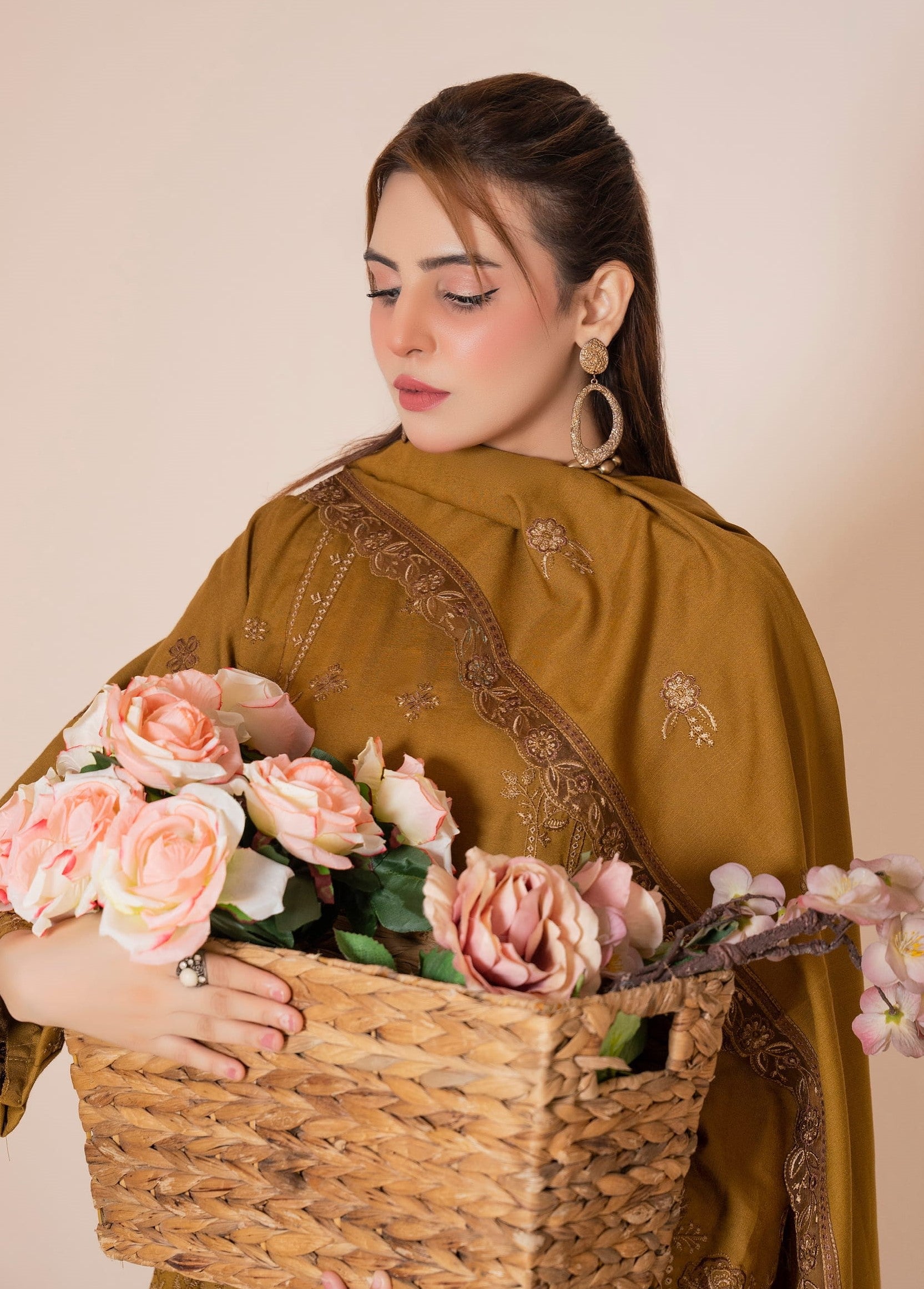 AANGAN-3 Piece Embroidered Self Slub Peach (Unstitched)