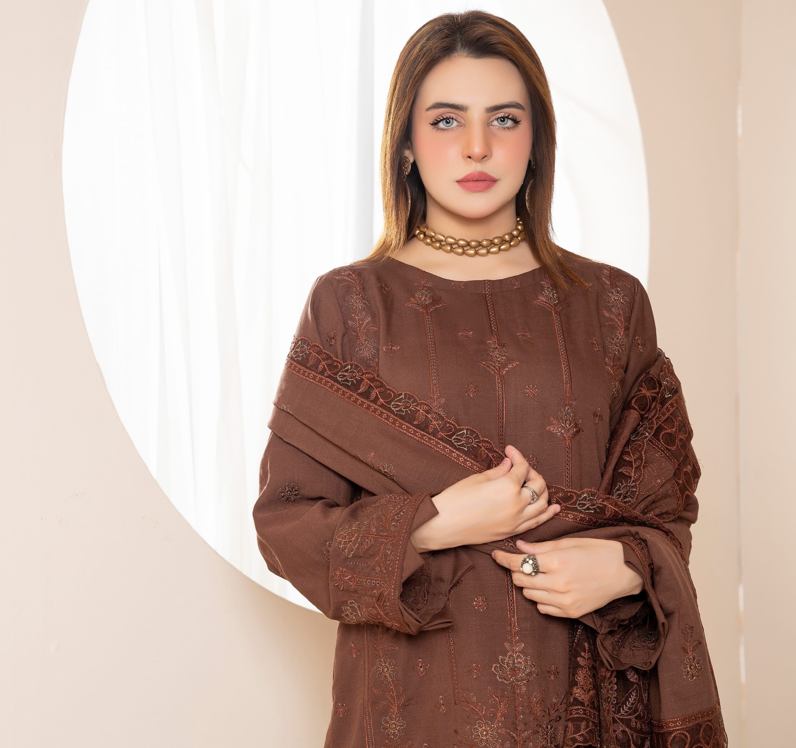 AANGAN-3 Piece Embroidered Self Slub Peach (Unstitched)