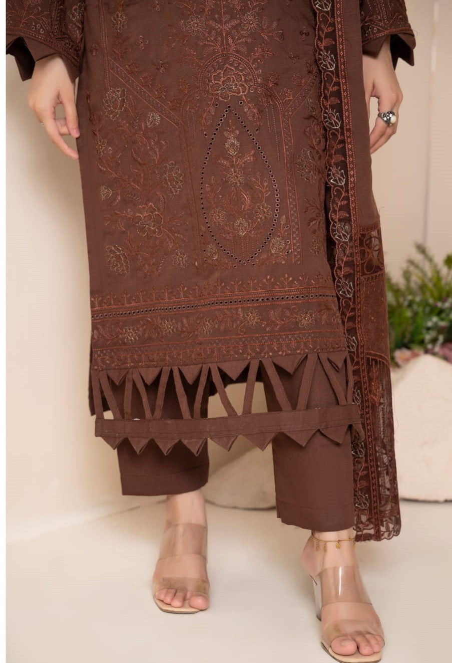 AANGAN-3 Piece Embroidered Self Slub Peach (Unstitched)