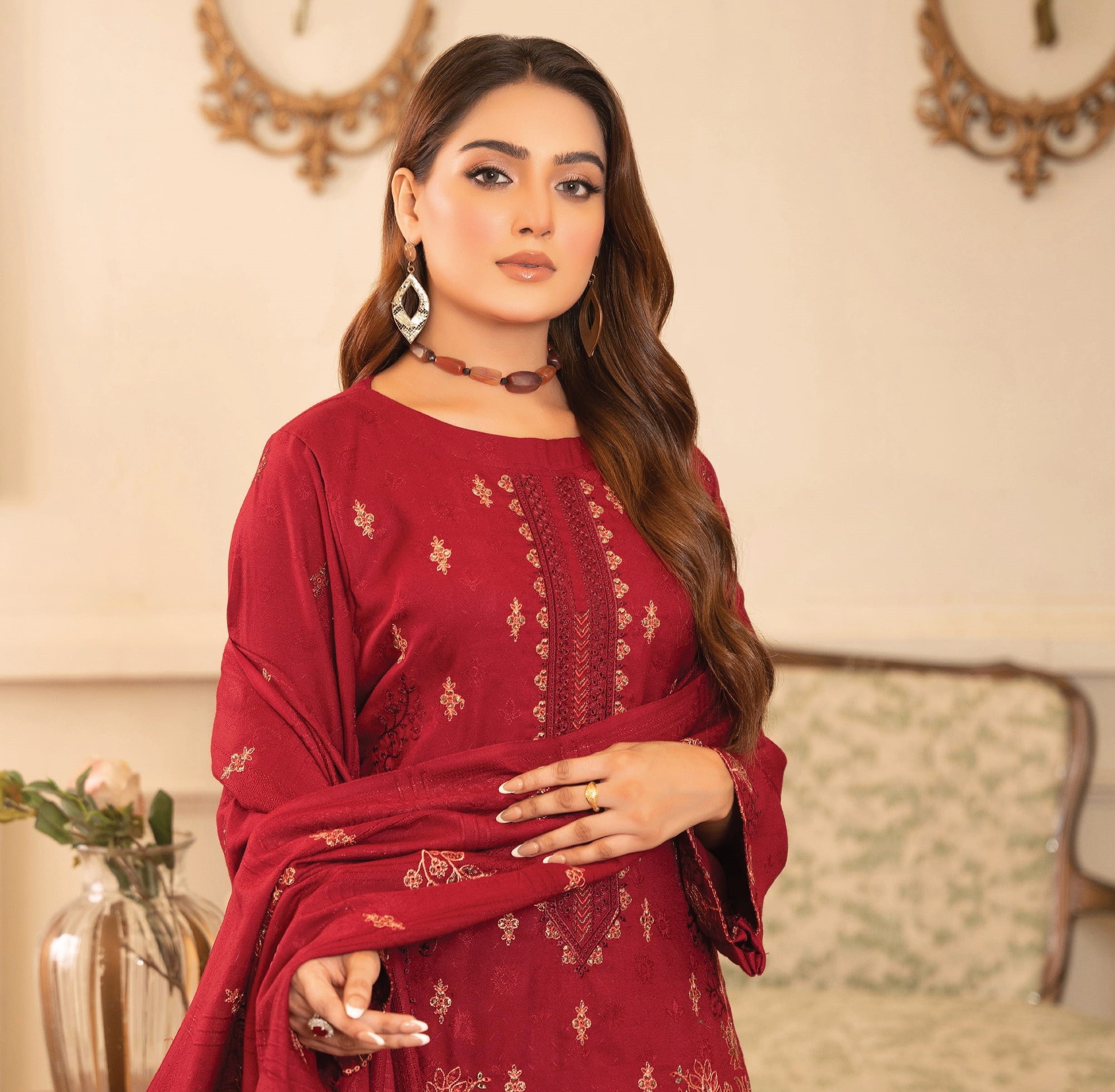 NOORAIN-3 Piece Embroidered Slub Sweet Peach (Unstitched)