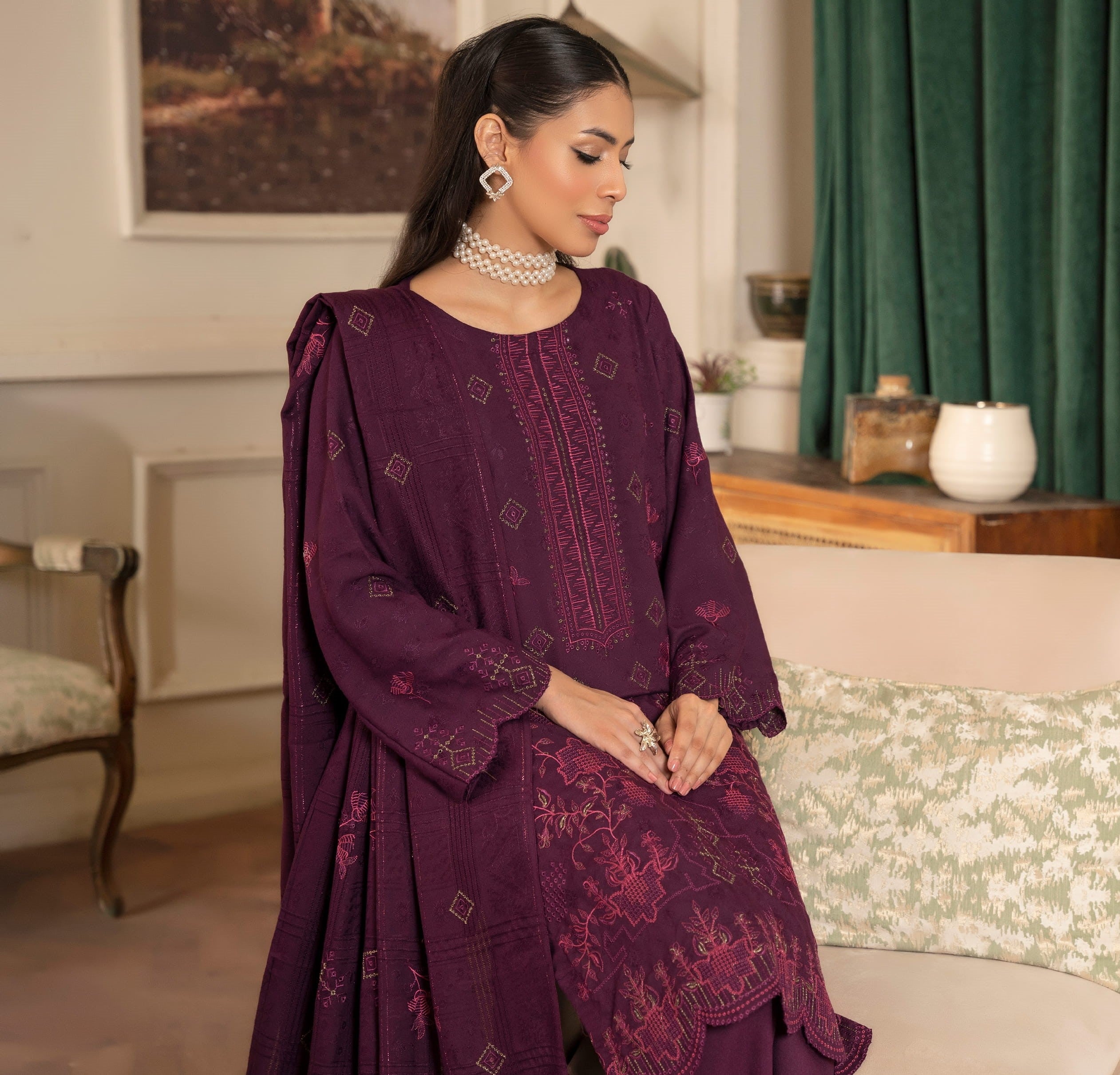 NOORAIN-3 Piece Embroidered Slub Sweet Peach (Unstitched)