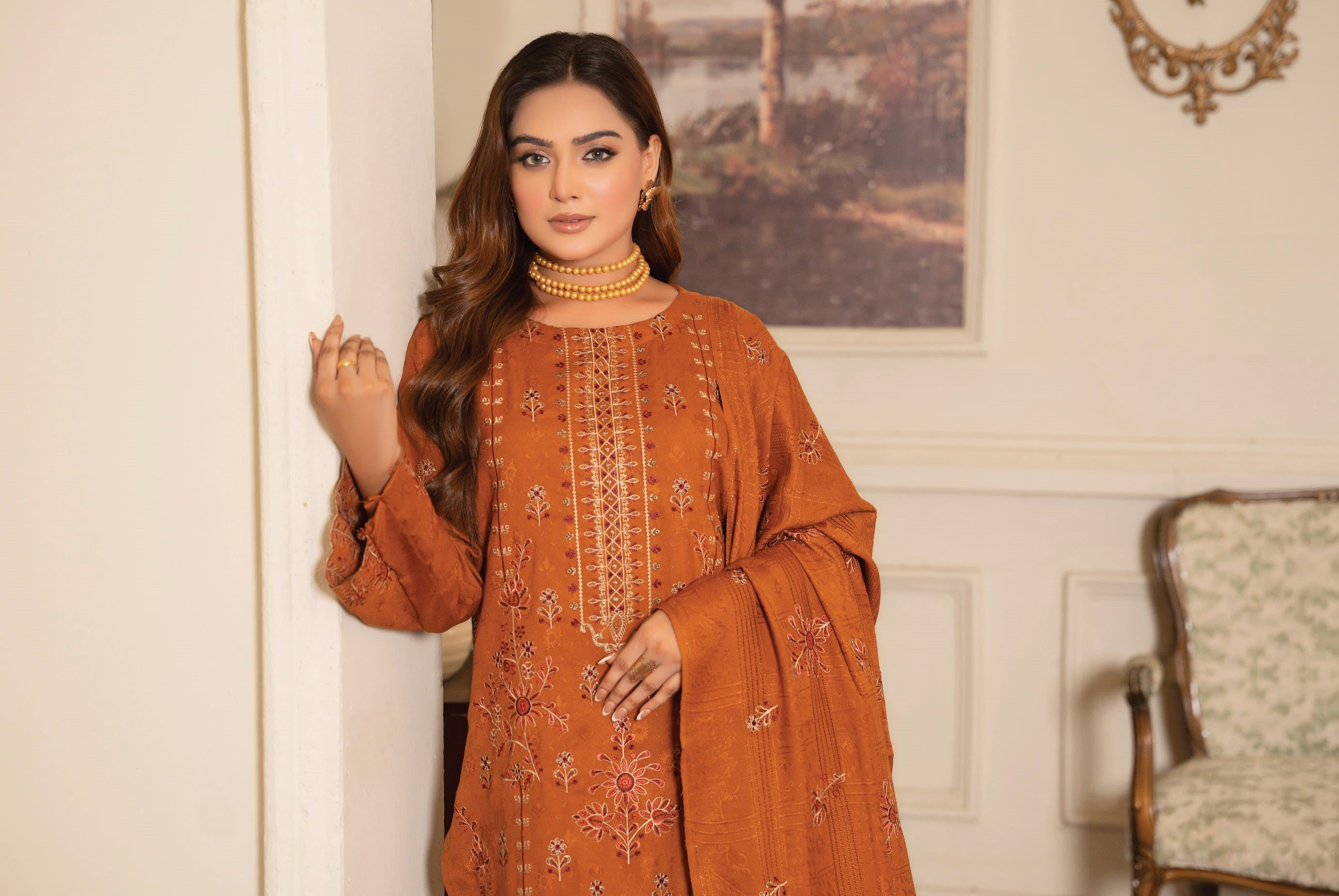 NOORAIN-3 Piece Embroidered Slub Sweet Peach (Unstitched)