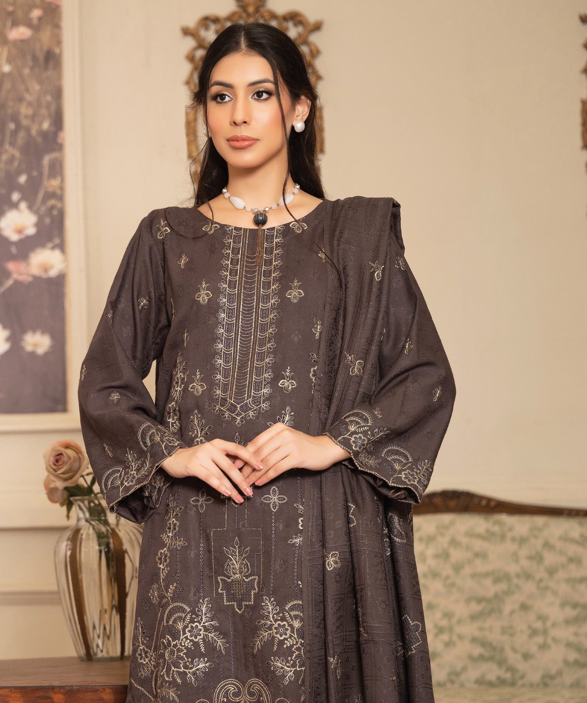 NOORAIN-3 Piece Embroidered Slub Sweet Peach (Unstitched)