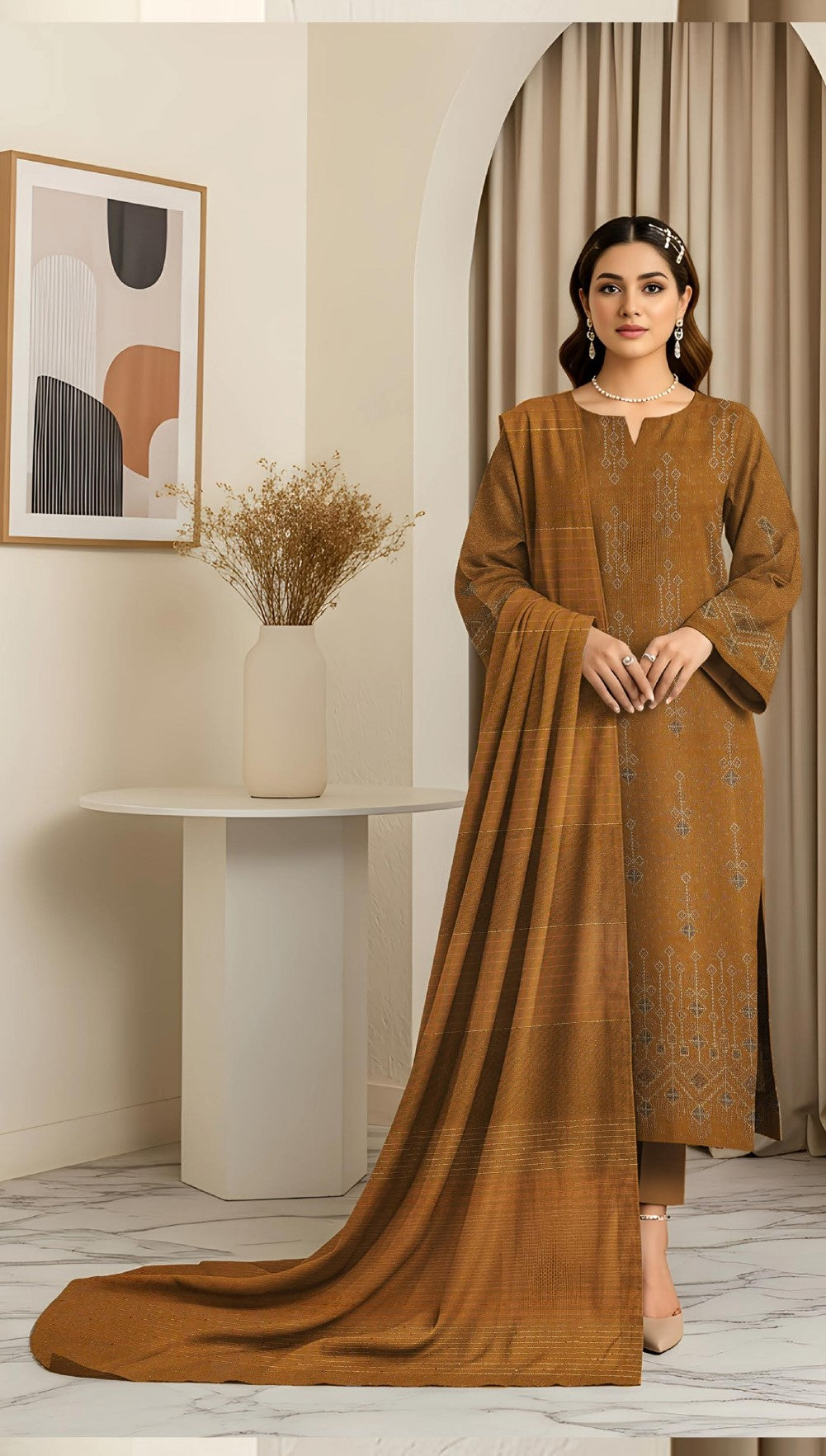 RESHAM-3 Piece Embroidered Sweet Masoori Peach (Unstitched)