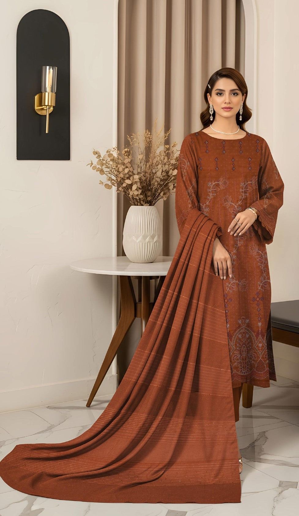 RESHAM-3 Piece Embroidered Sweet Masoori Peach (Unstitched)