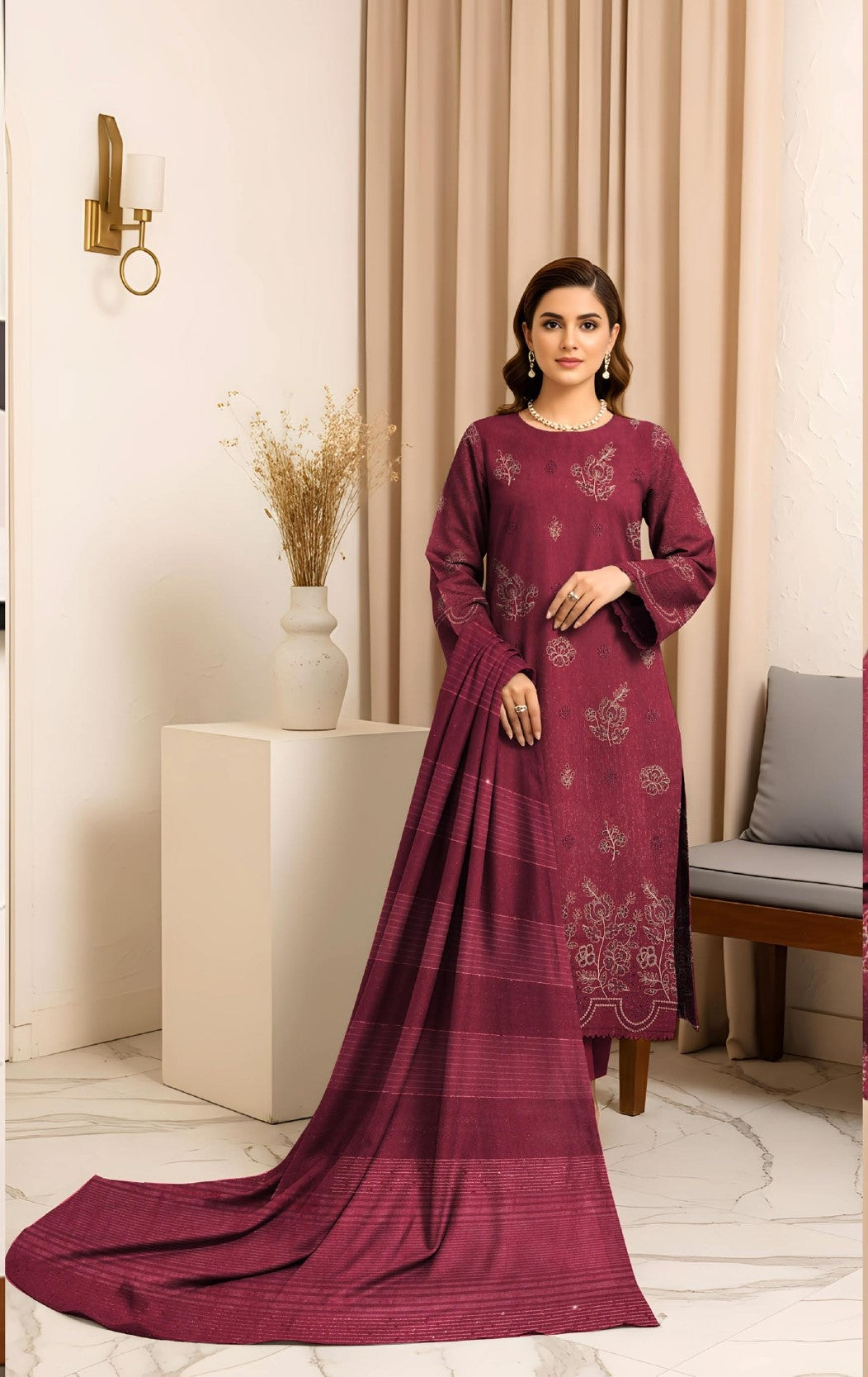 RESHAM-3 Piece Embroidered Sweet Masoori Peach (Unstitched)