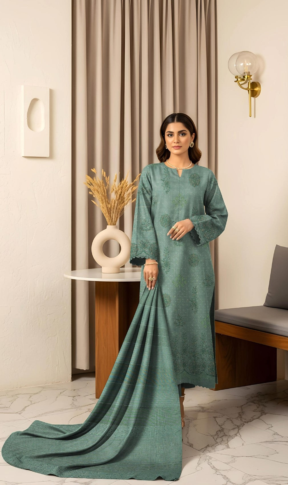 RESHAM-3 Piece Embroidered Sweet Masoori Peach (Unstitched)