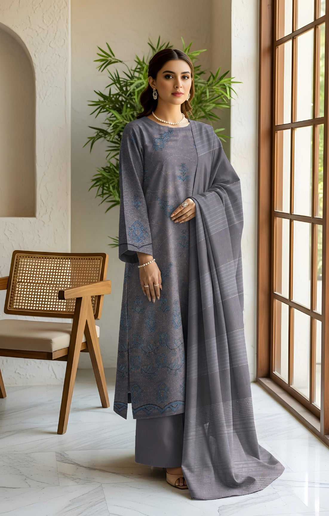 RESHAM-3 Piece Embroidered Sweet Masoori Peach (Unstitched)