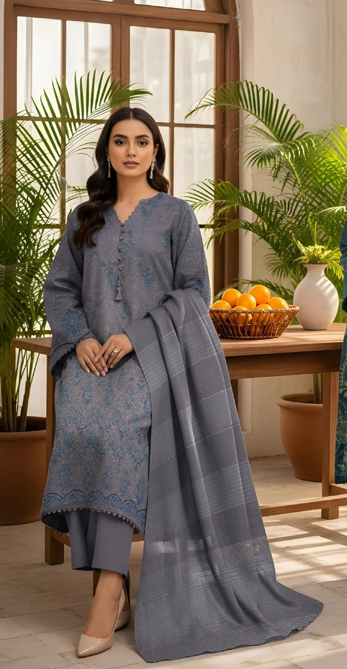 RESHAM-3 Piece Embroidered Sweet Masoori Peach (Unstitched)