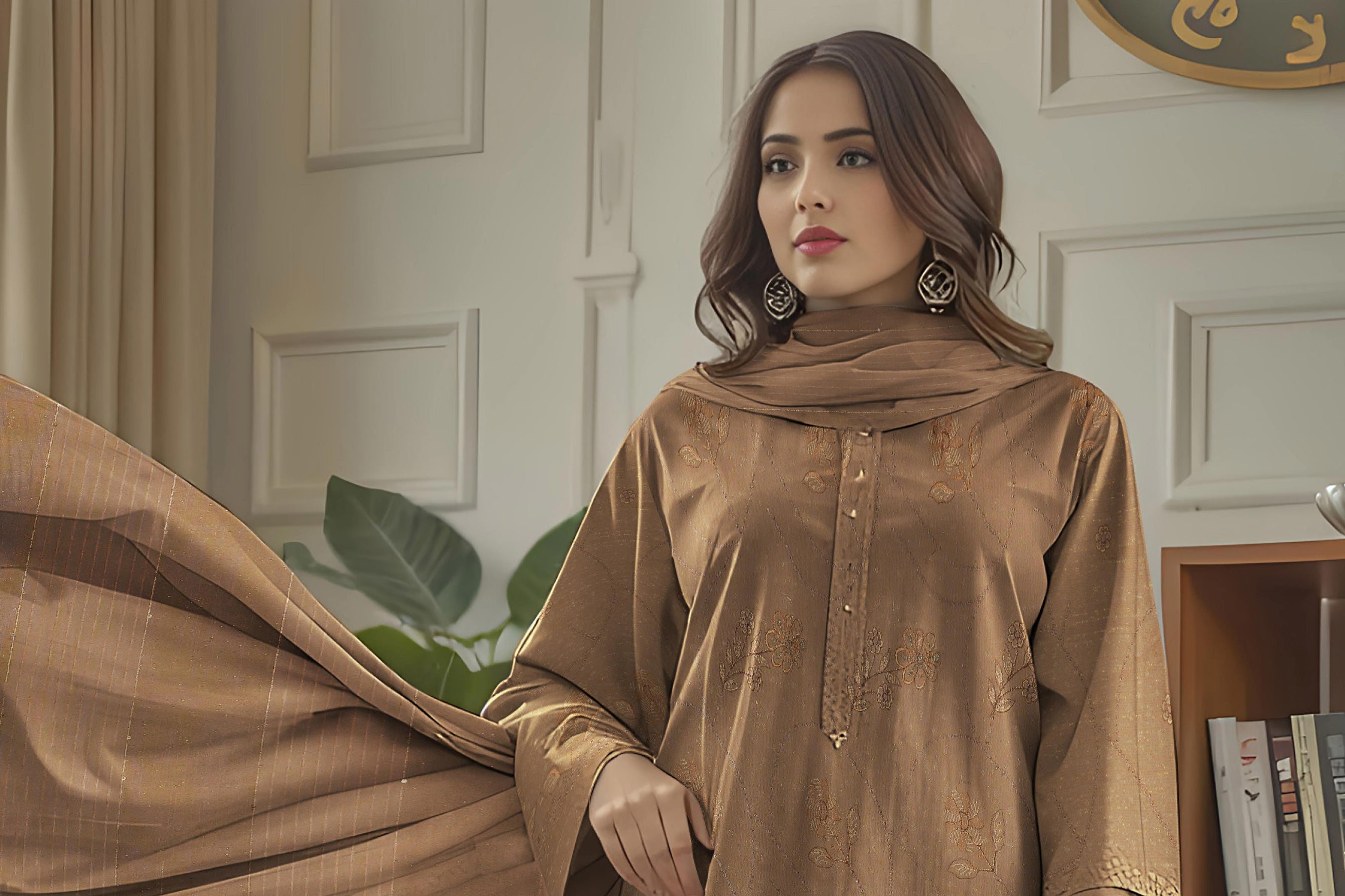 RESHAM-3 Piece Embroidered Sweet Masoori Peach (Unstitched)