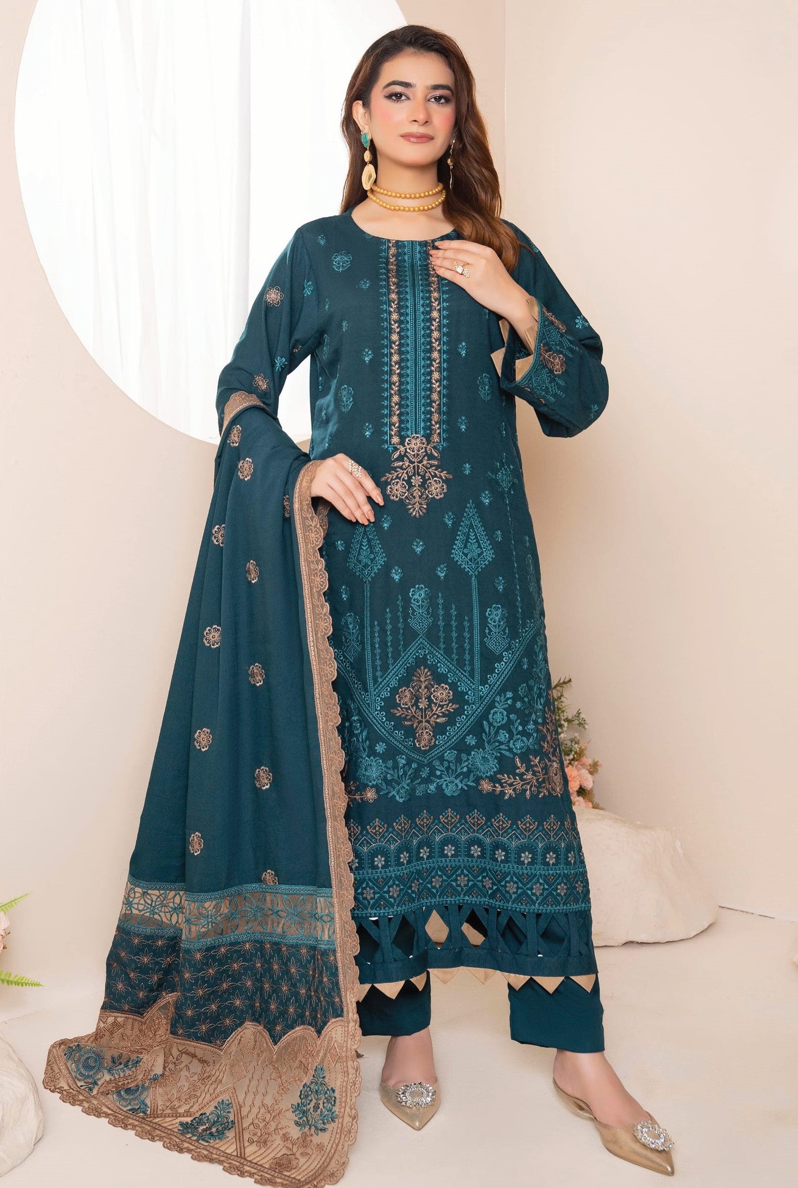 AANGAN-3 Piece Embroidered Self Slub Peach (Unstitched)