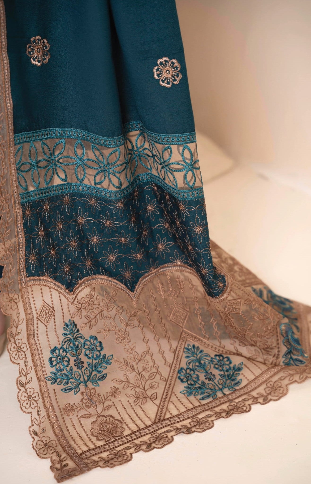 AANGAN-3 Piece Embroidered Self Slub Peach (Unstitched)