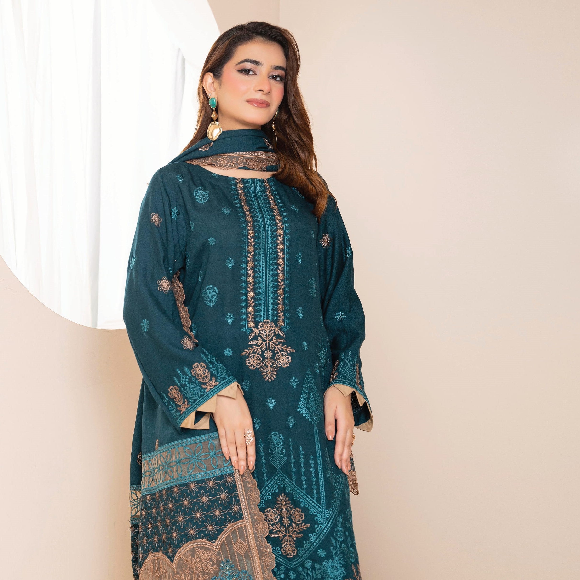 AANGAN-3 Piece Embroidered Self Slub Peach (Unstitched)