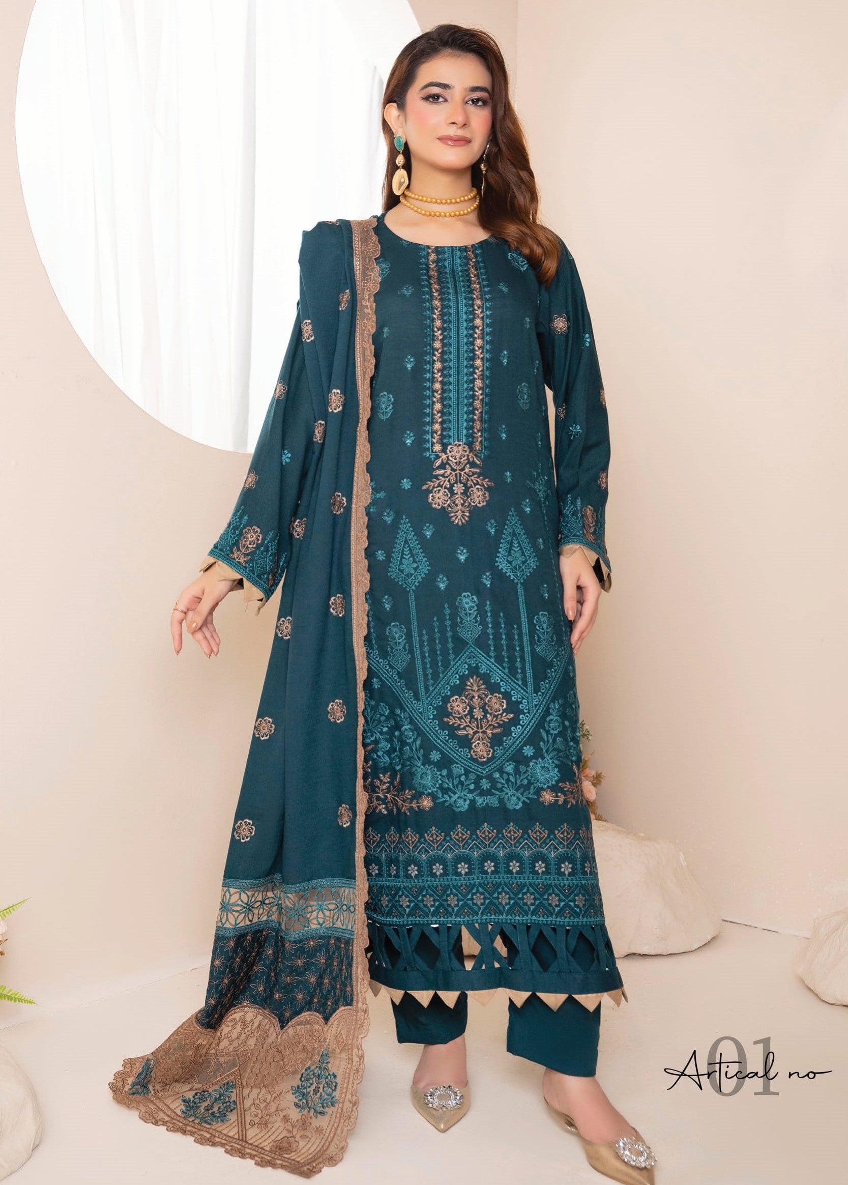 AANGAN-3 Piece Embroidered Self Slub Peach (Unstitched)