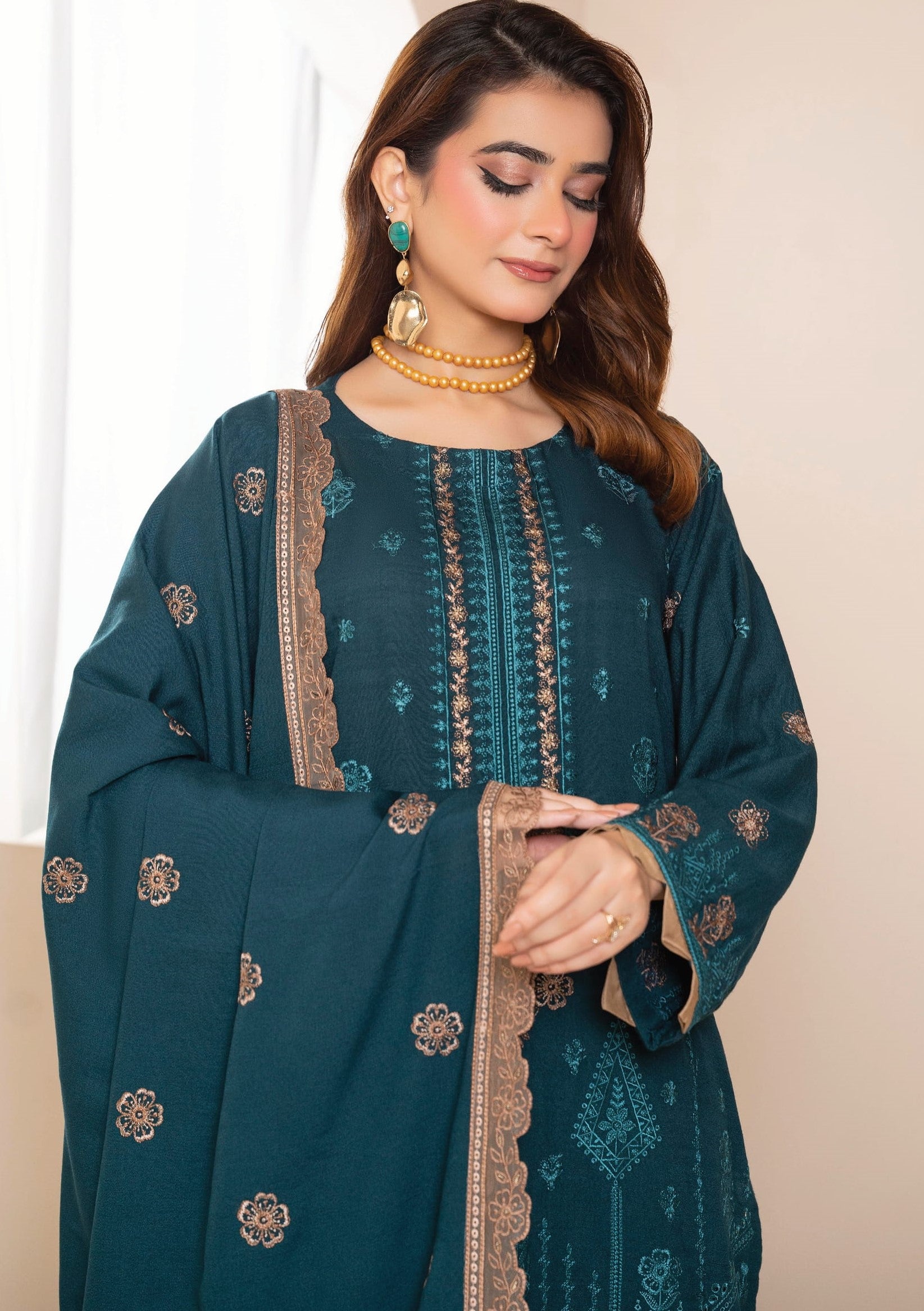 AANGAN-3 Piece Embroidered Self Slub Peach (Unstitched)