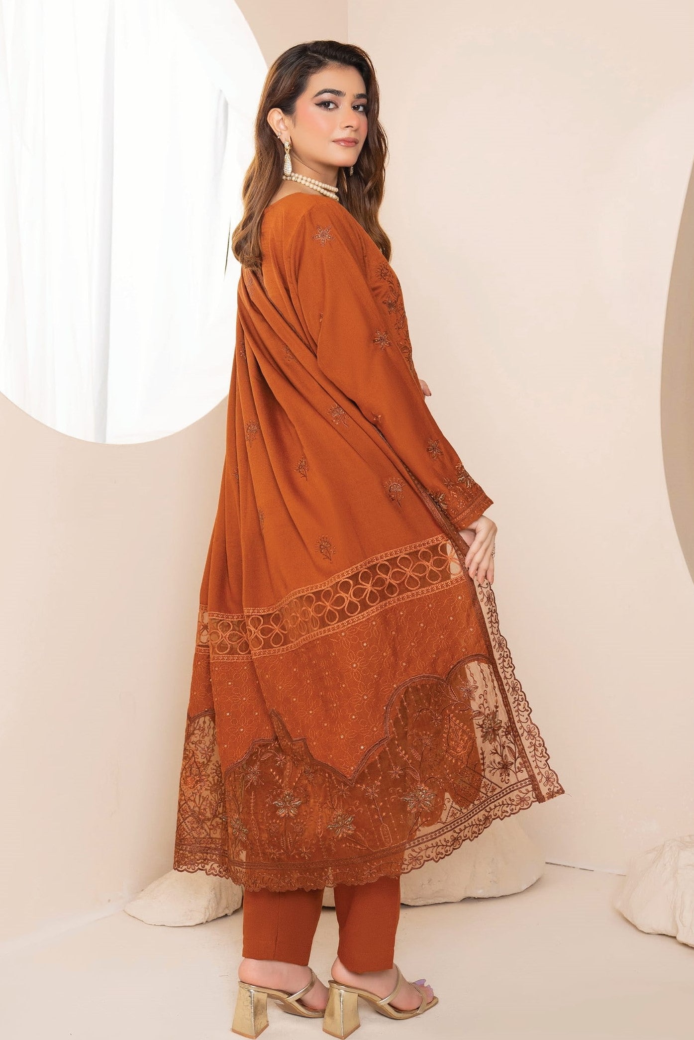 AANGAN-3 Piece Embroidered Self Slub Peach (Unstitched)