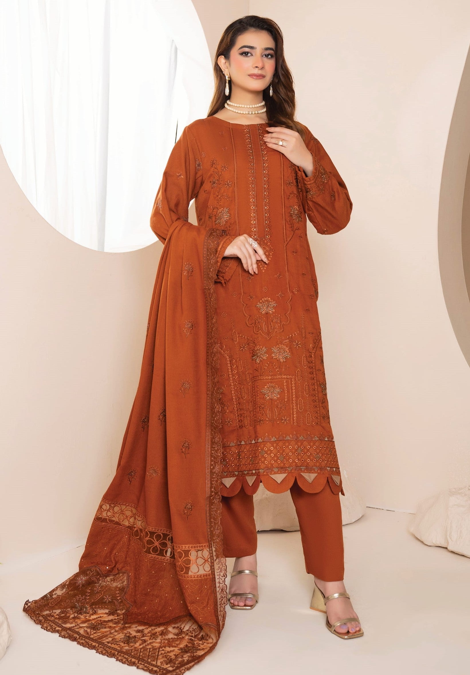 AANGAN-3 Piece Embroidered Self Slub Peach (Unstitched)