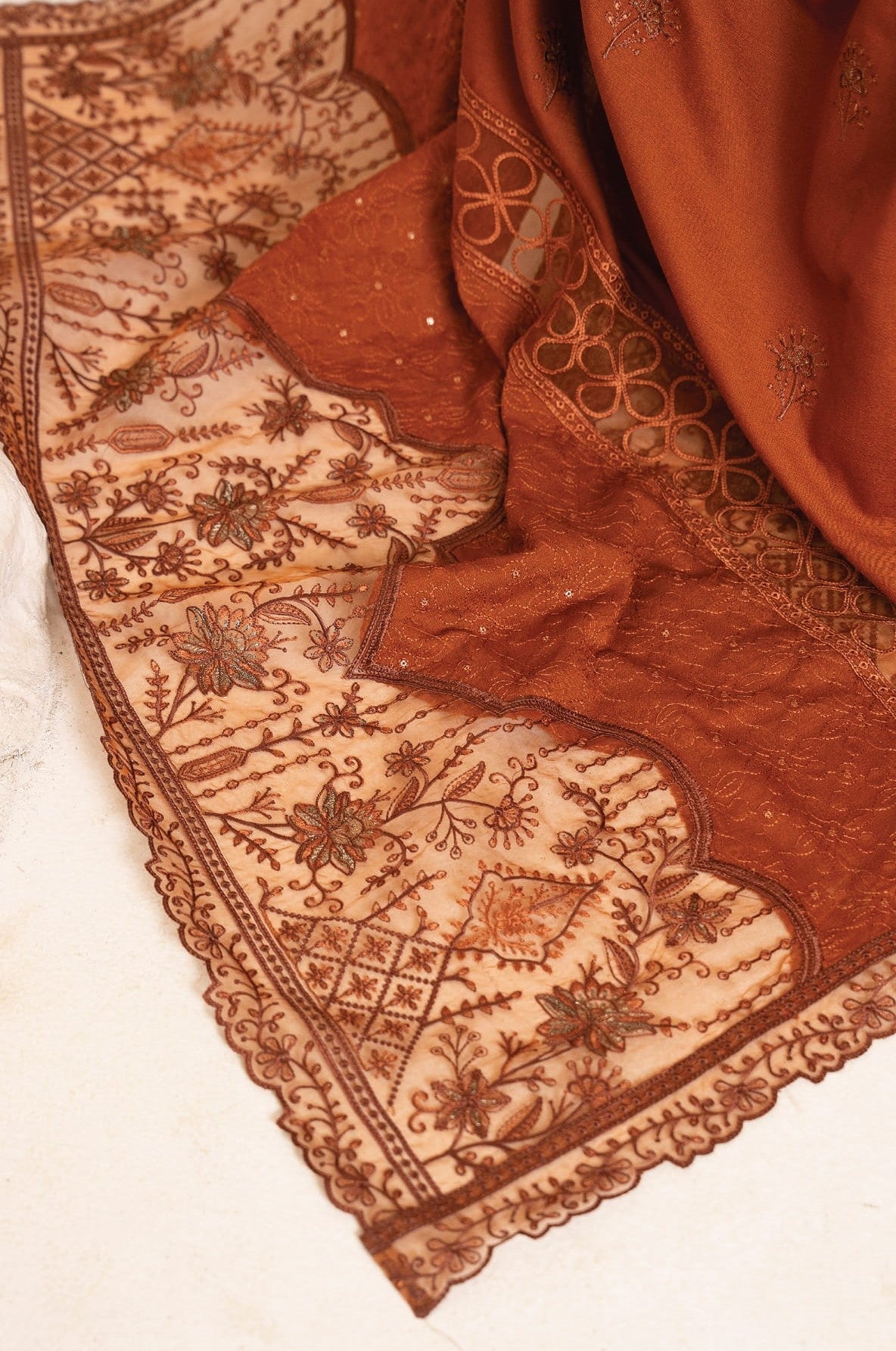 AANGAN-3 Piece Embroidered Self Slub Peach (Unstitched)