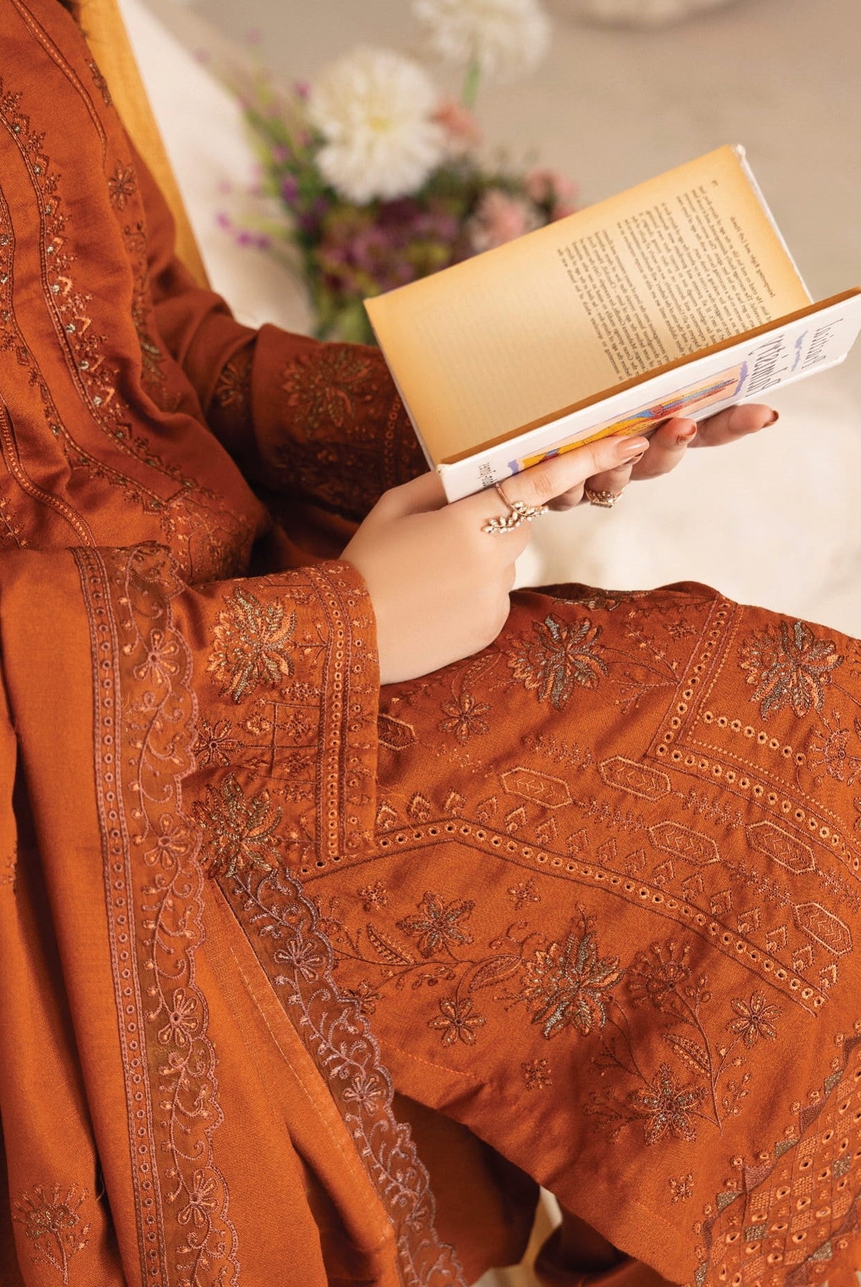 AANGAN-3 Piece Embroidered Self Slub Peach (Unstitched)