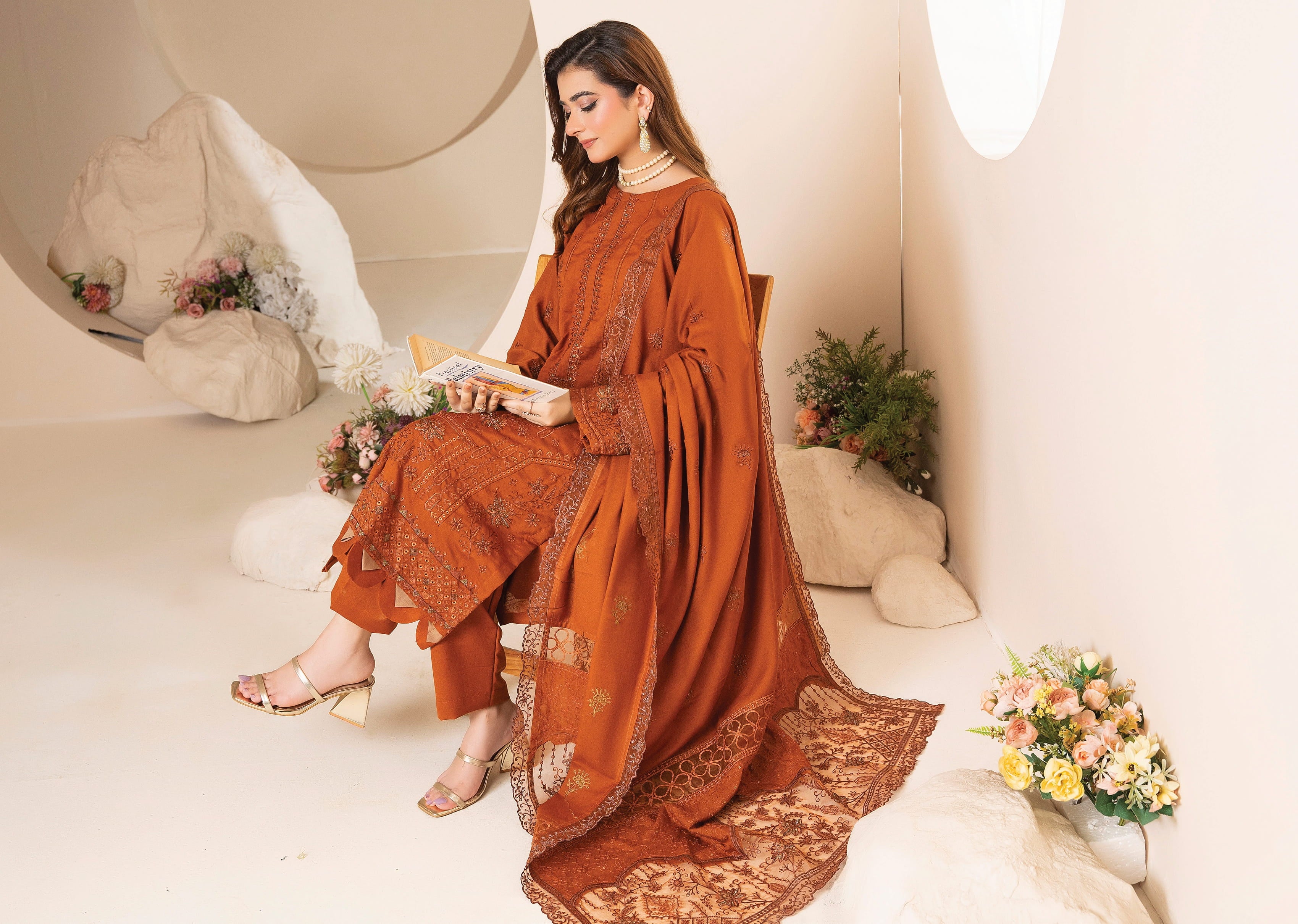 AANGAN-3 Piece Embroidered Self Slub Peach (Unstitched)