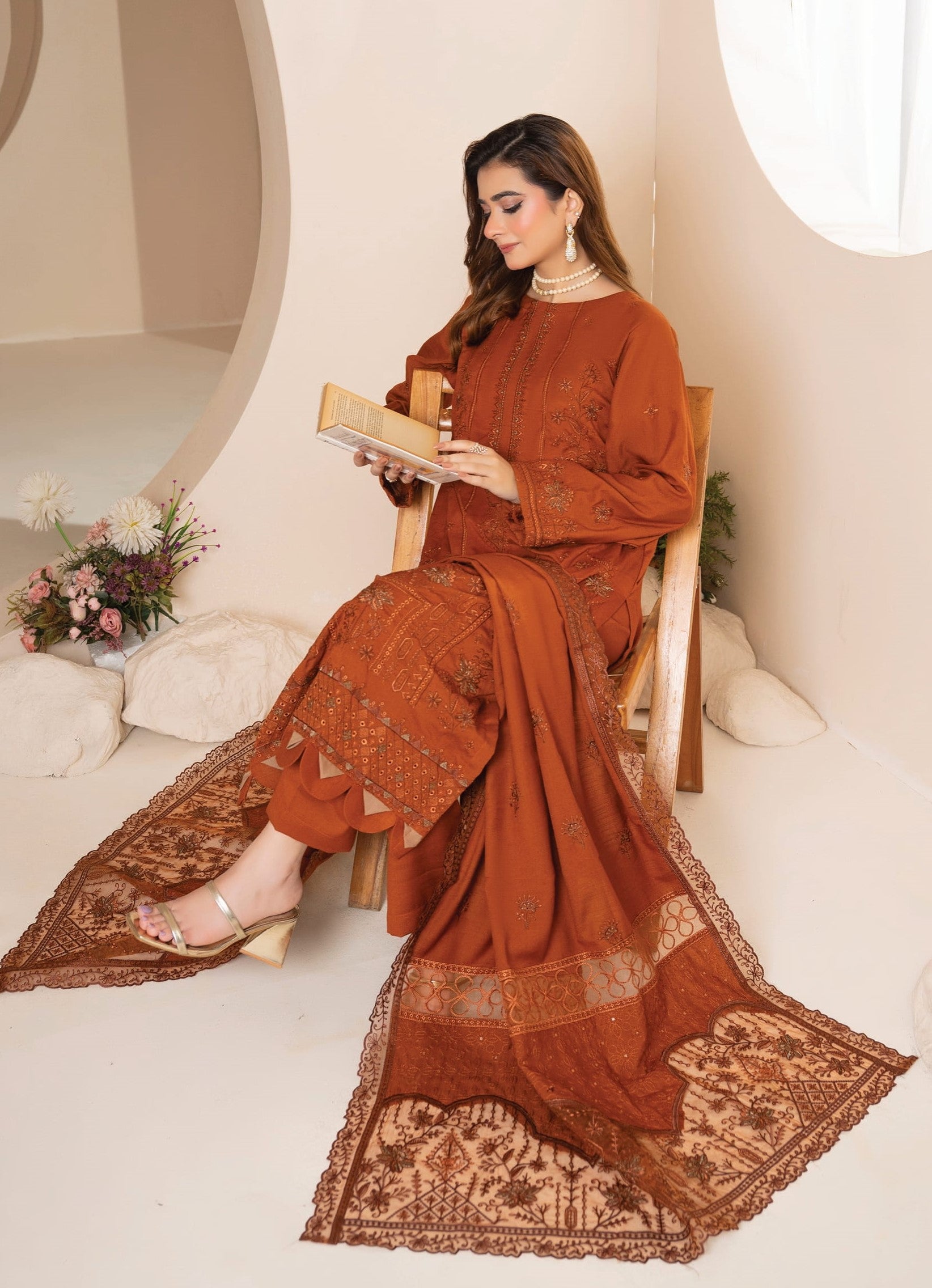 AANGAN-3 Piece Embroidered Self Slub Peach (Unstitched)
