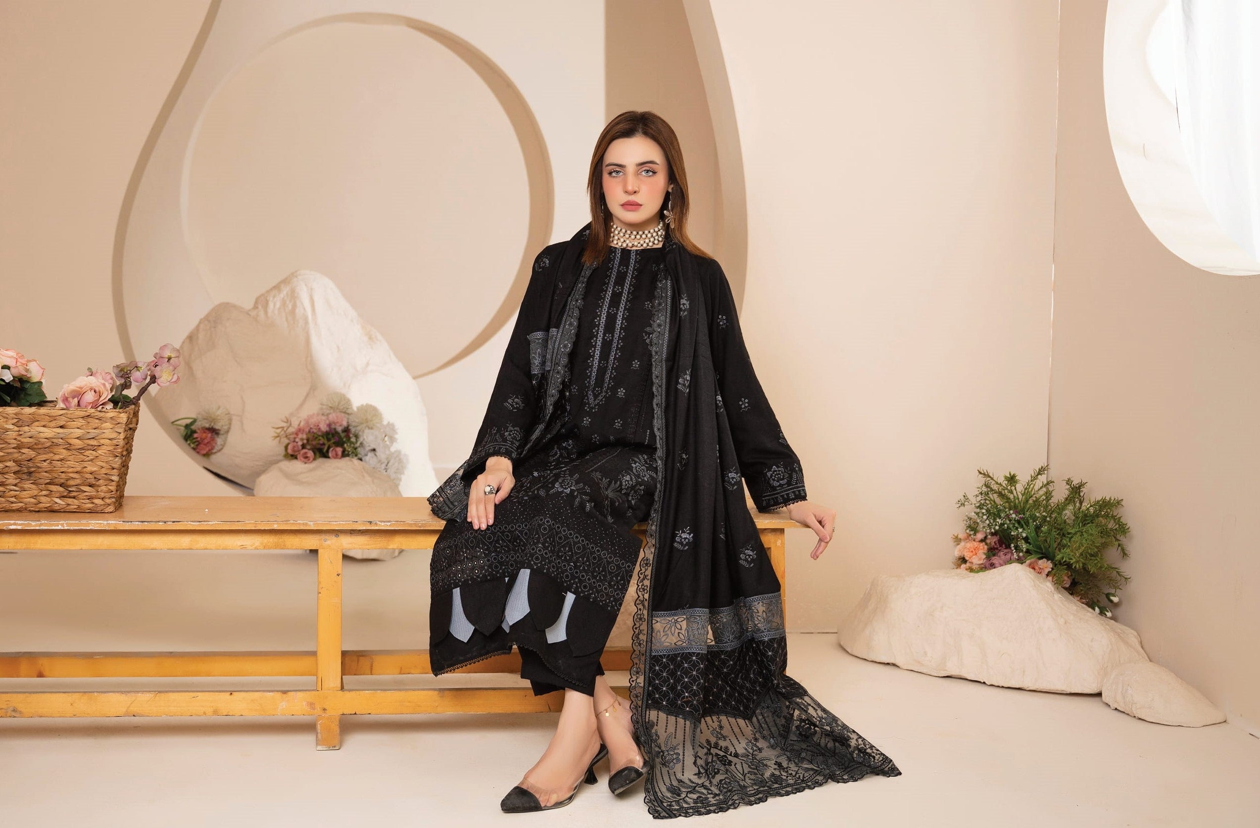 AANGAN-3 Piece Embroidered Self Slub Peach (Unstitched)