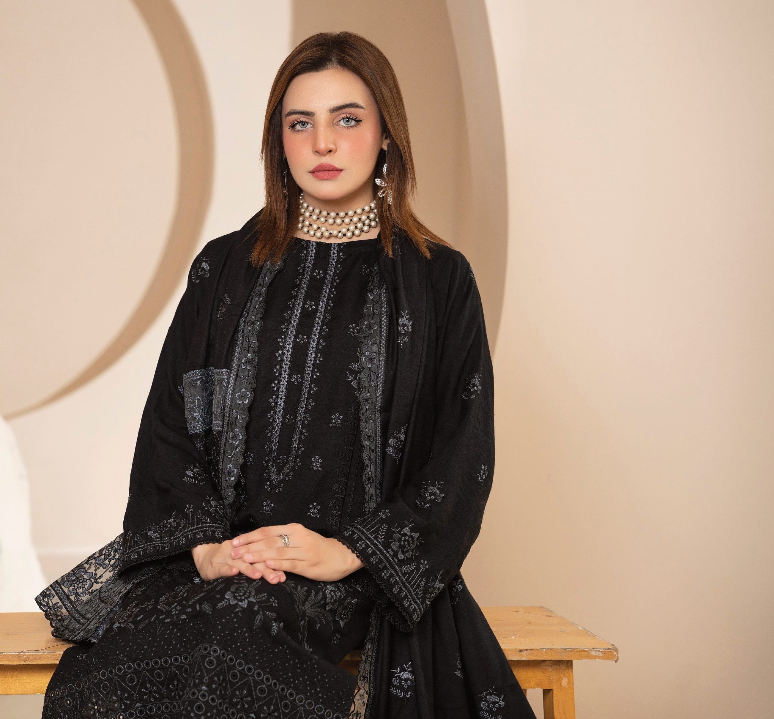 AANGAN-3 Piece Embroidered Self Slub Peach (Unstitched)