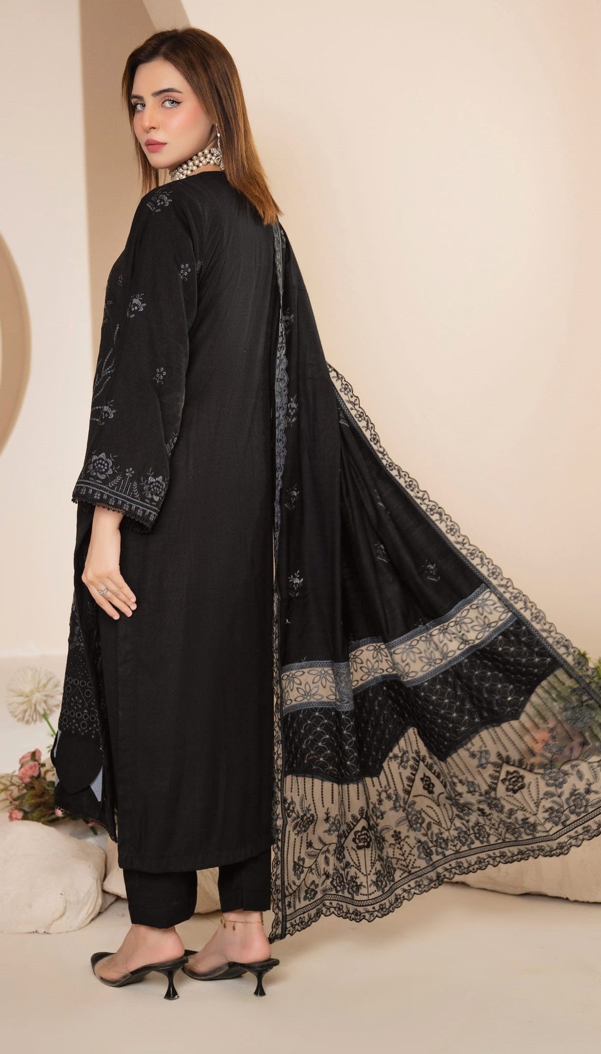 AANGAN-3 Piece Embroidered Self Slub Peach (Unstitched)