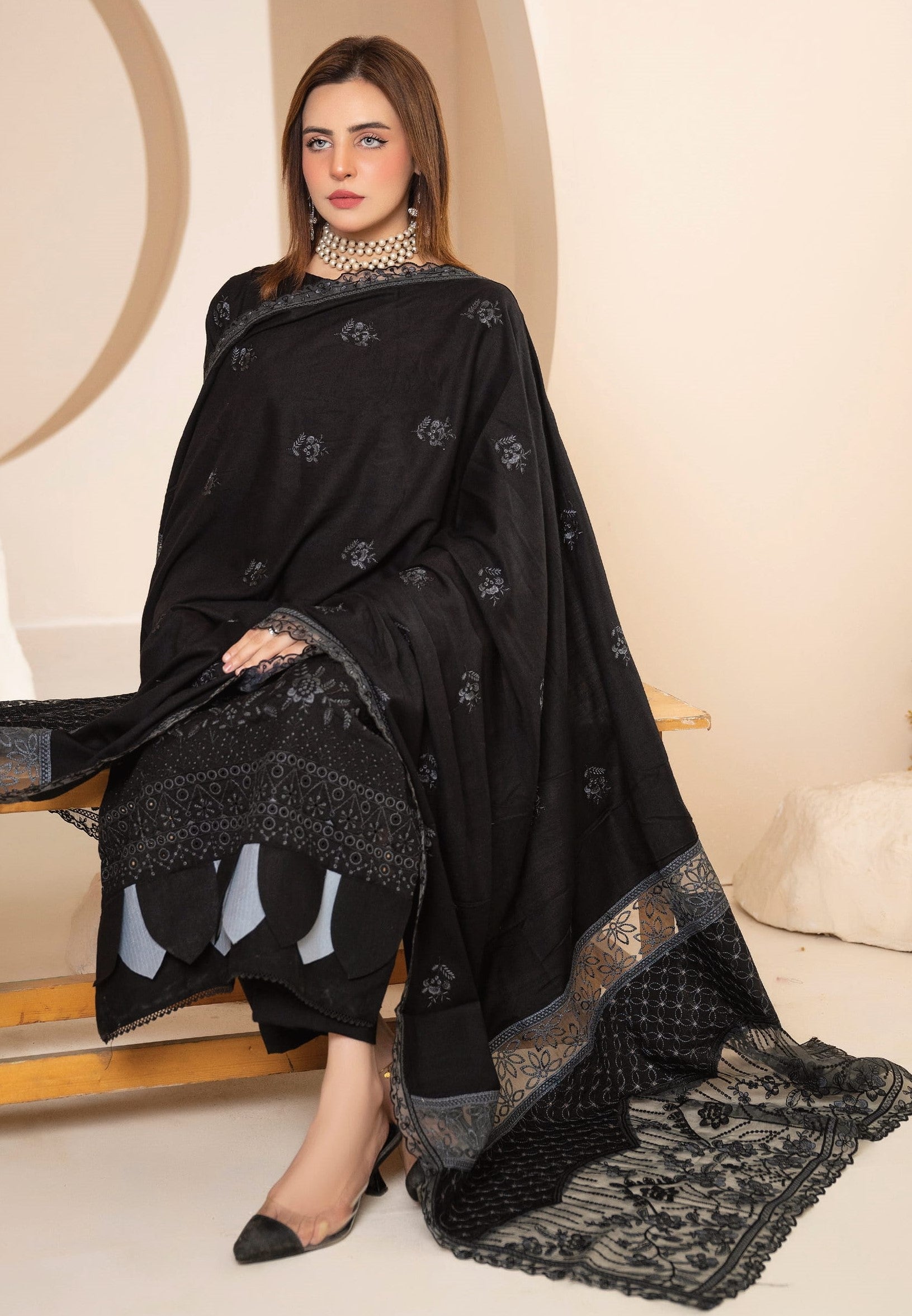 AANGAN-3 Piece Embroidered Self Slub Peach (Unstitched)