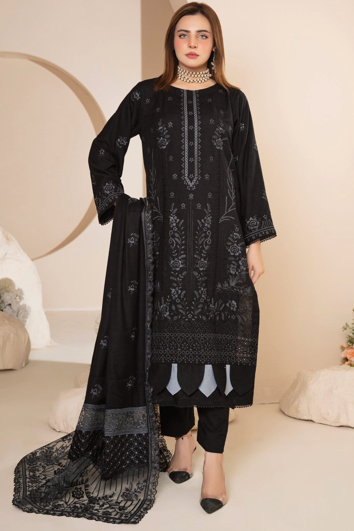 AANGAN-3 Piece Embroidered Self Slub Peach (Unstitched)