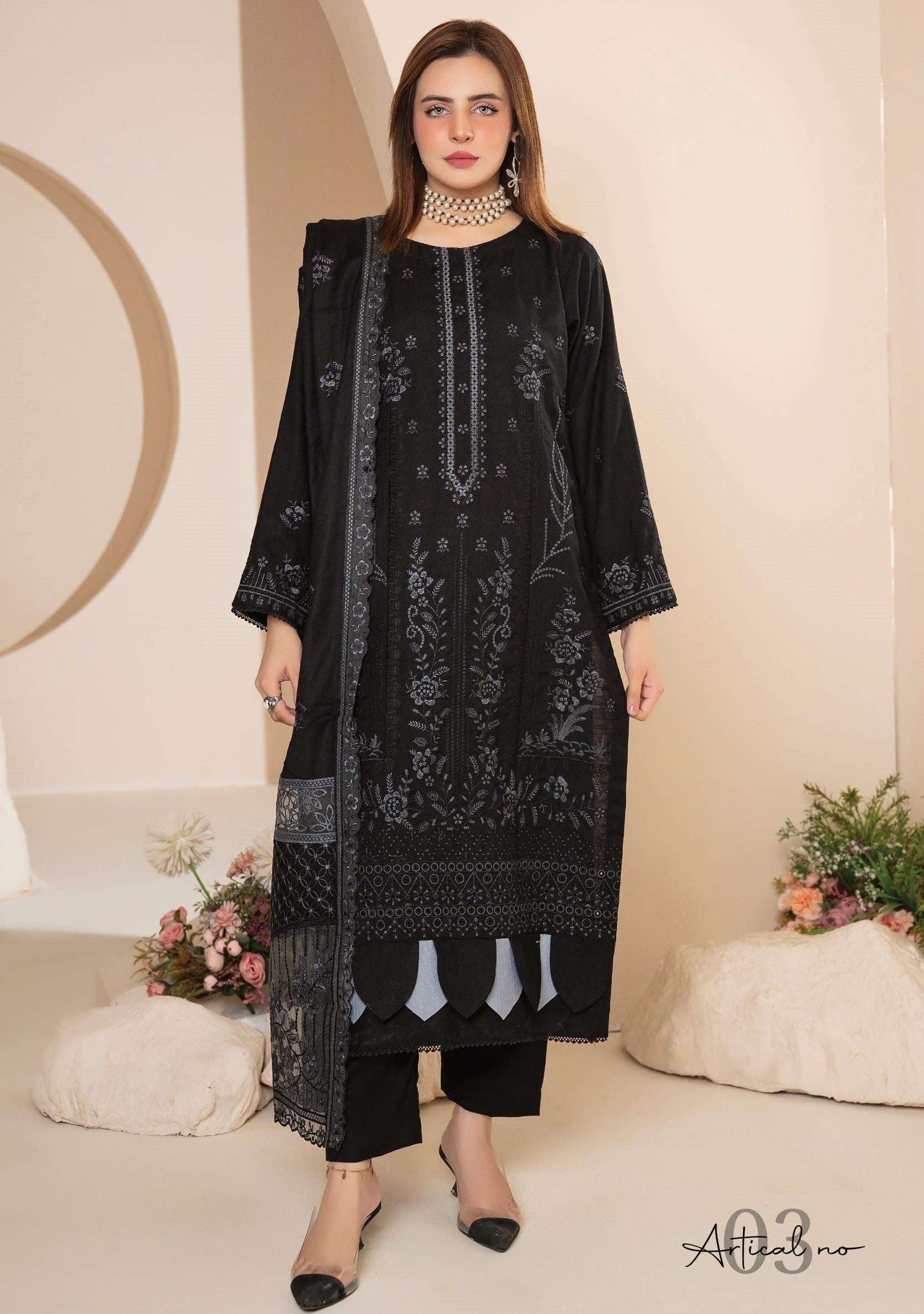 AANGAN-3 Piece Embroidered Self Slub Peach (Unstitched)