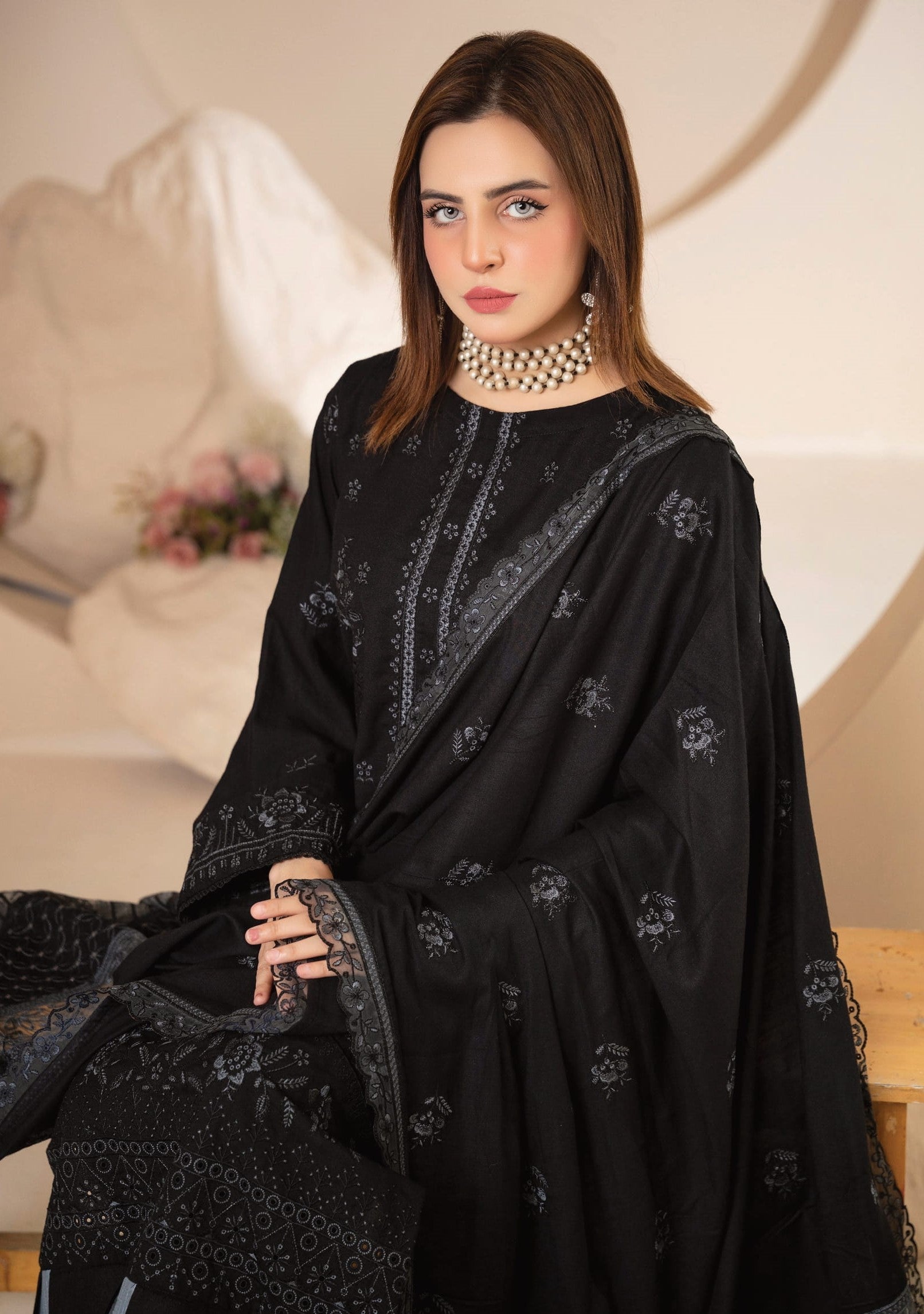 AANGAN-3 Piece Embroidered Self Slub Peach (Unstitched)