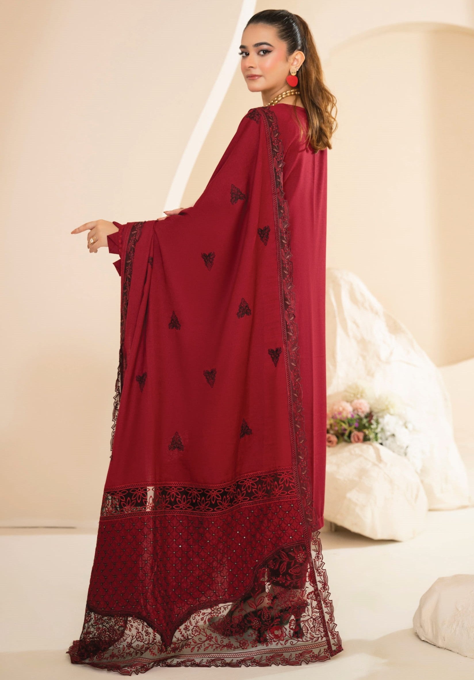 AANGAN-3 Piece Embroidered Self Slub Peach (Unstitched)