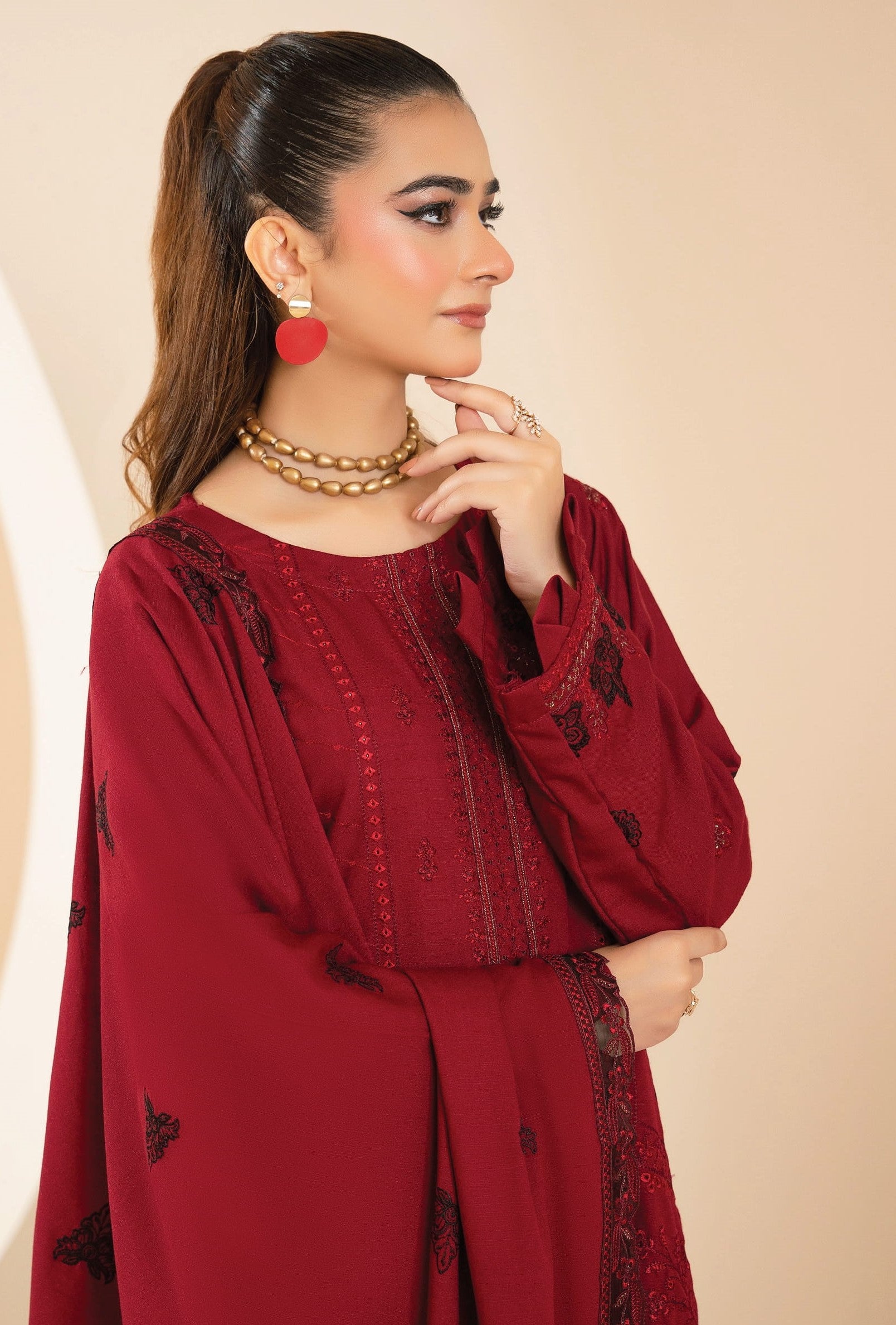 AANGAN-3 Piece Embroidered Self Slub Peach (Unstitched)