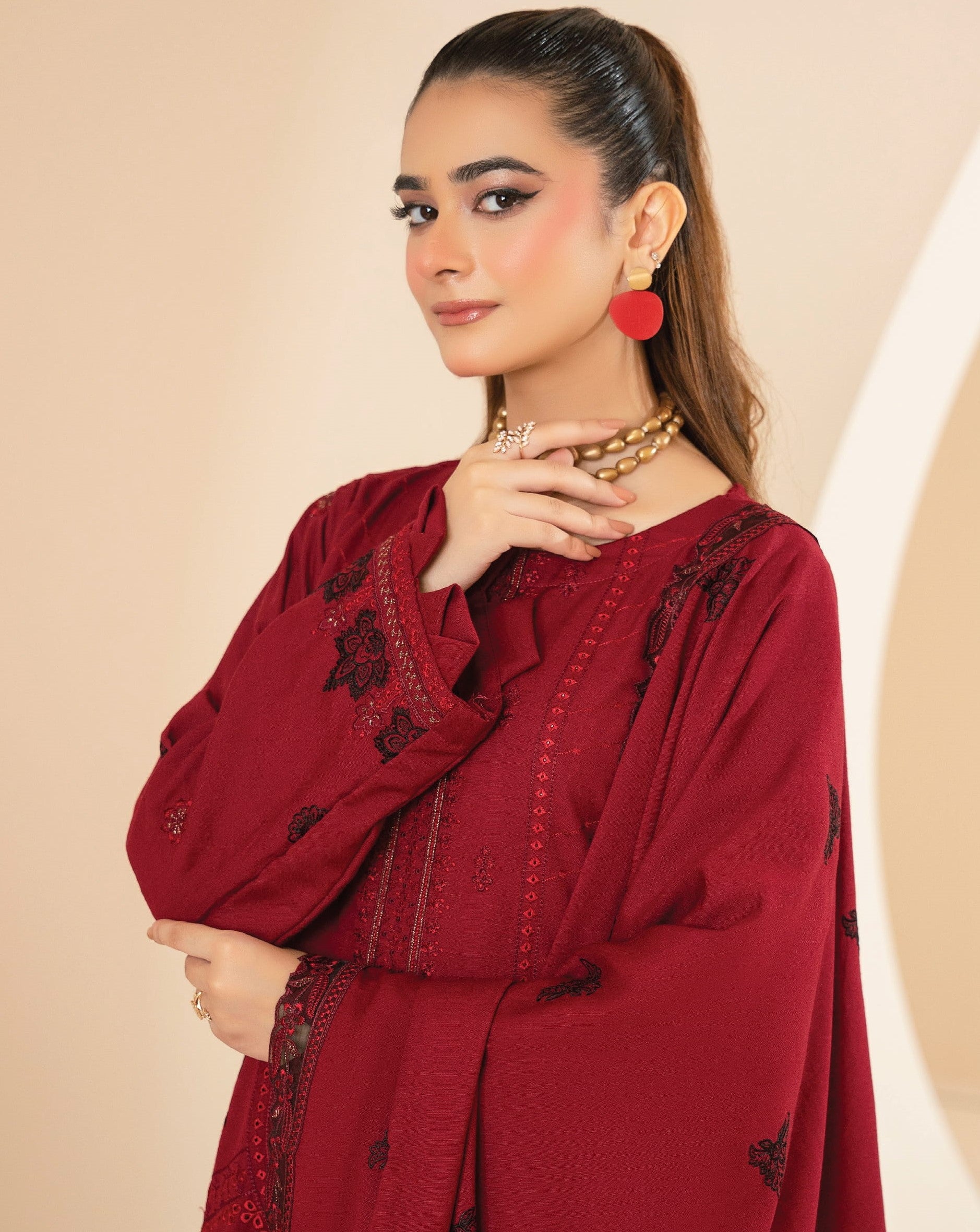 AANGAN-3 Piece Embroidered Self Slub Peach (Unstitched)