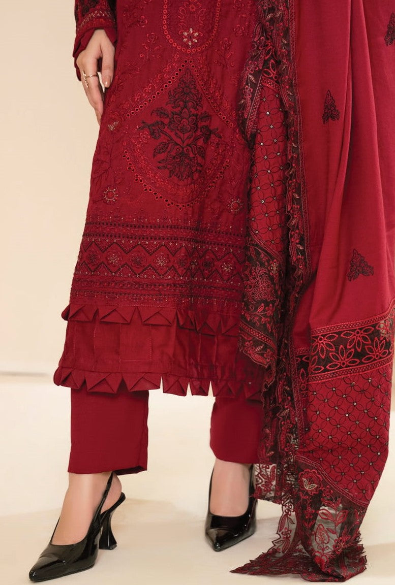 AANGAN-3 Piece Embroidered Self Slub Peach (Unstitched)