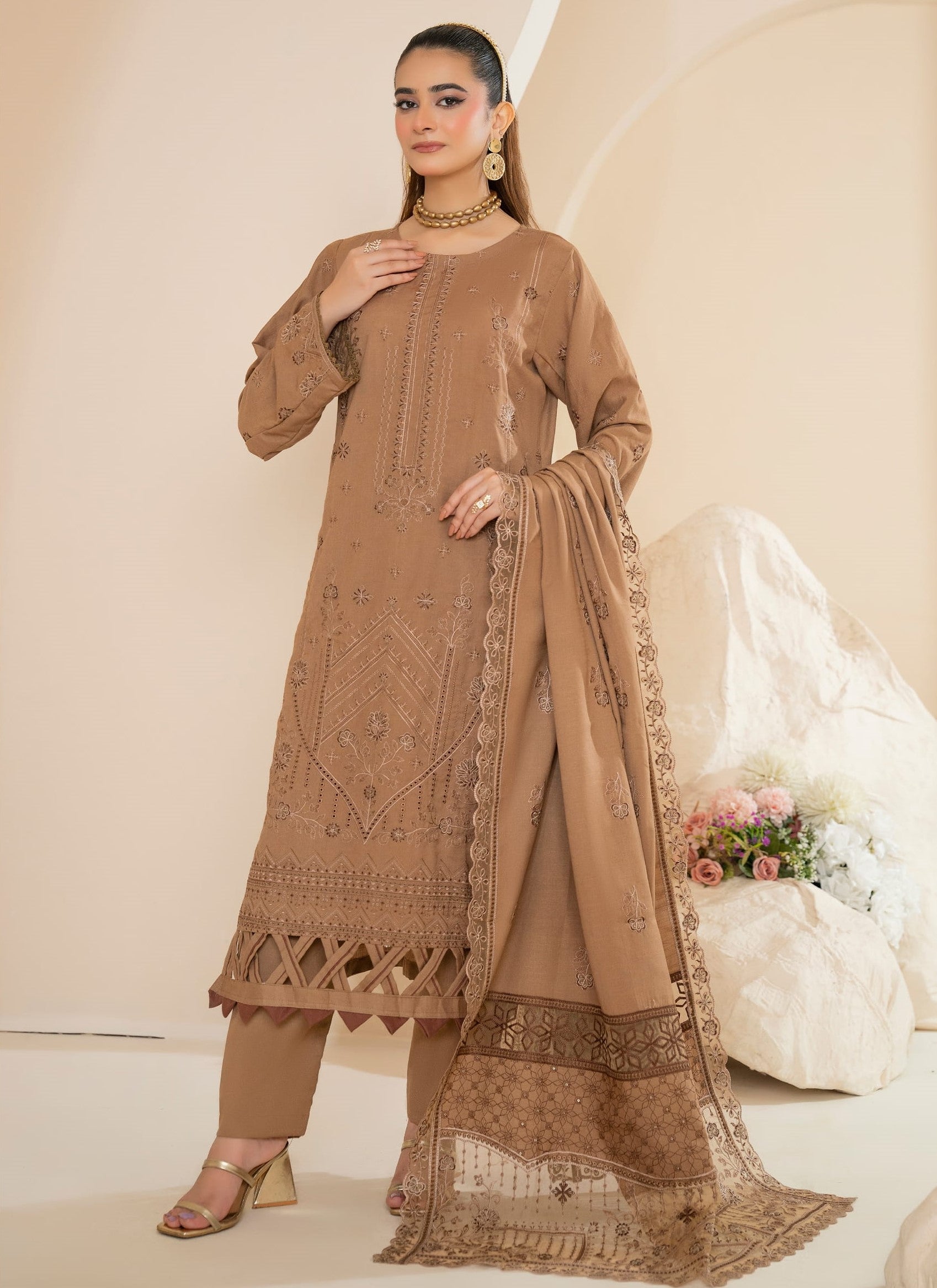AANGAN-3 Piece Embroidered Self Slub Peach (Unstitched)