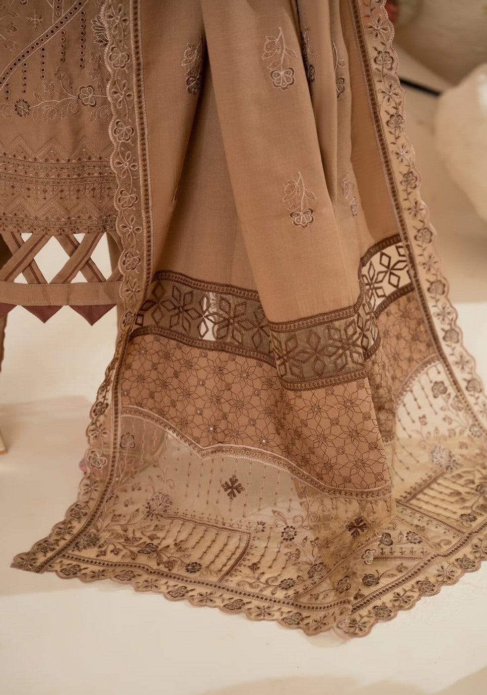 AANGAN-3 Piece Embroidered Self Slub Peach (Unstitched)