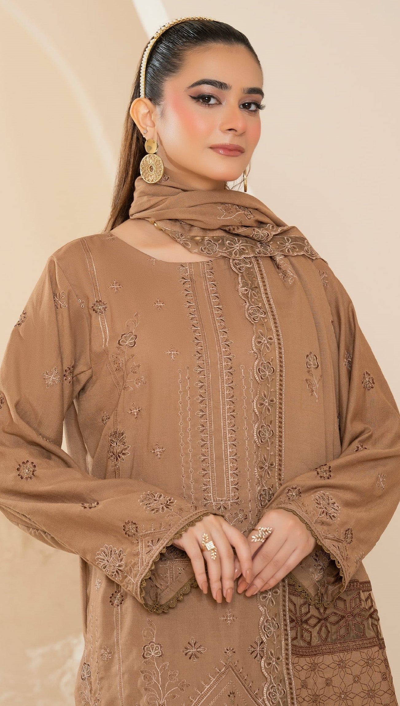 AANGAN-3 Piece Embroidered Self Slub Peach (Unstitched)